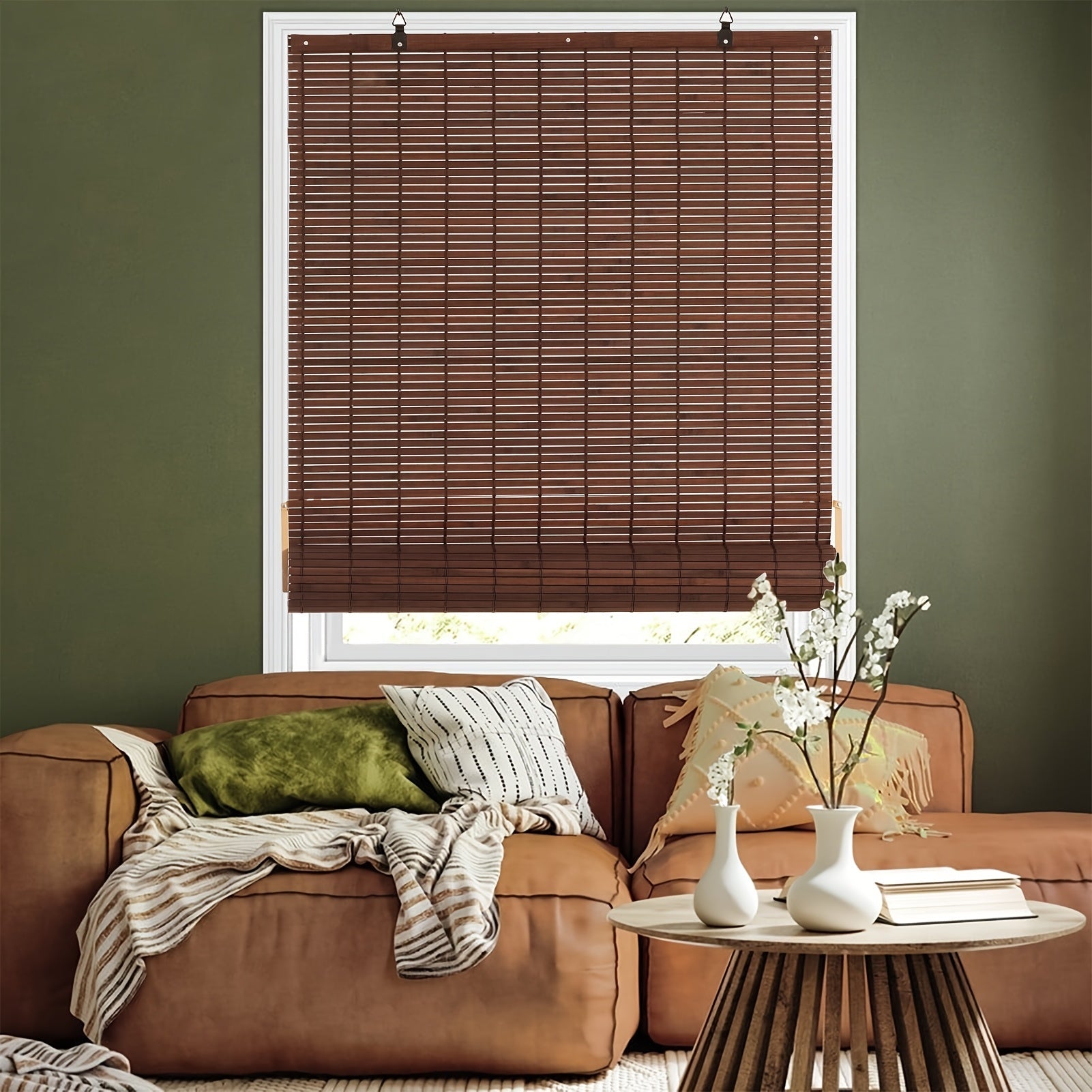 Classic Cordless Bamboo Roman Shade – Light Filtering, Heat Blocking, Easy Installation for Bedroom, Living Room & Patio – Manual Lift, Low Maintenance, Coffee Brown 
