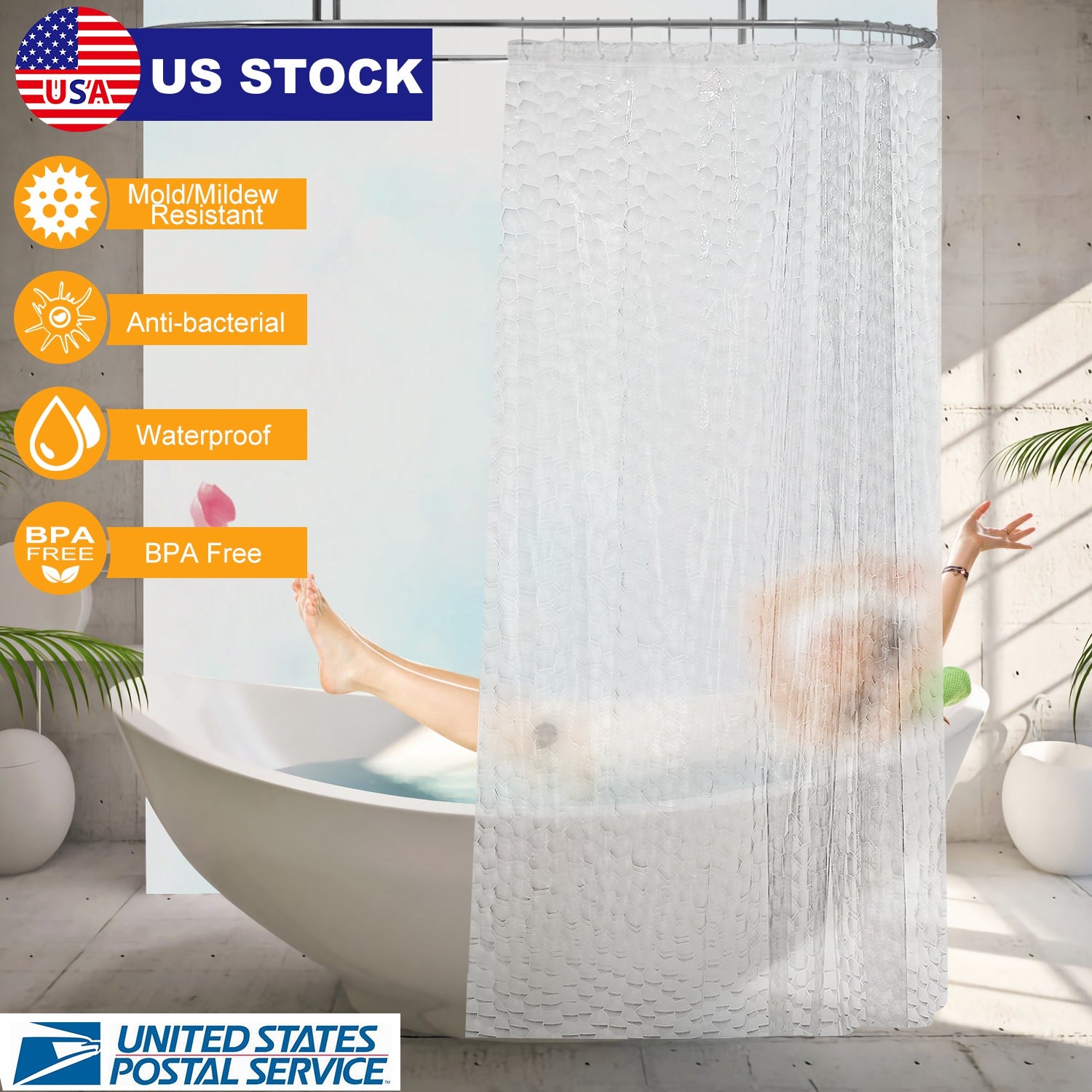 Shower Curtain Waterproof 70x70 Inches Bathroom Shower Curtain Liner EVA Bathroom Curtain w 12 Hooks for Bathtub Shower Stall