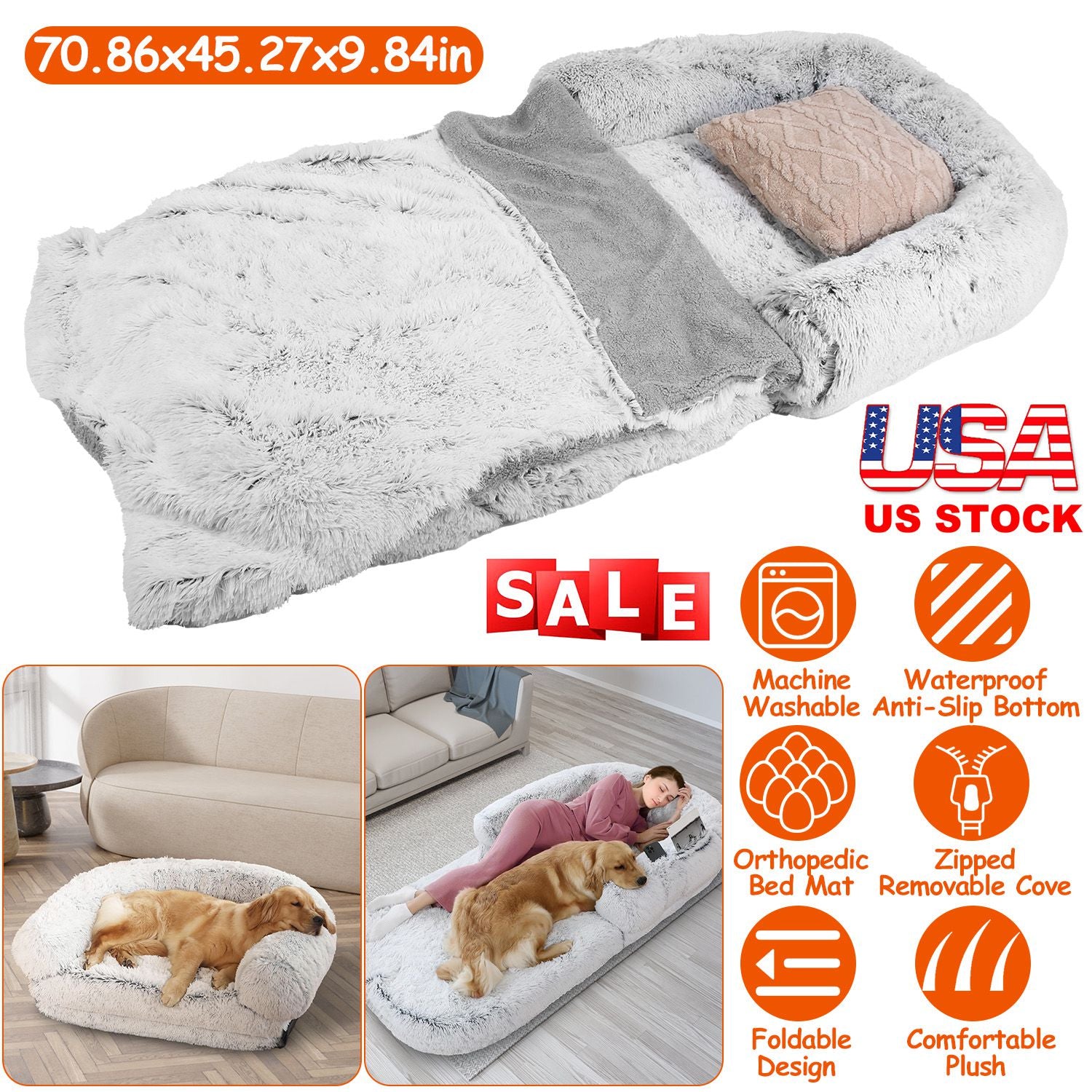 Large Foldable Human Size Dog Bed With Pillow Blanket Flurry Plush Napping Human-Sized Dog Bed Machine Washable Zipped Removable Cover For Pets Kids A