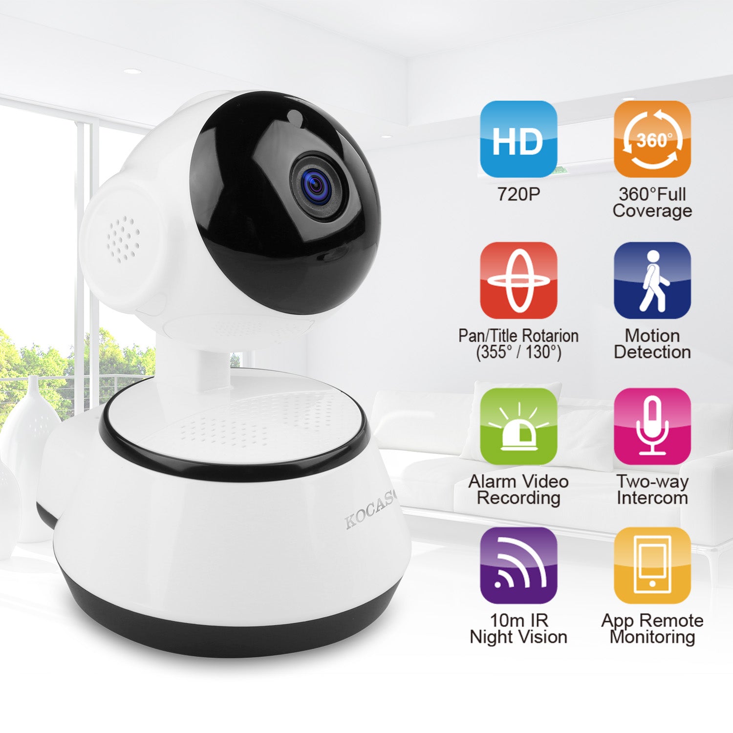 KOCASO 720P WiFi IP Camera Motion Detection IR Night Vision Indoor 360° Coverage Security Surveillance App Cloud Available 