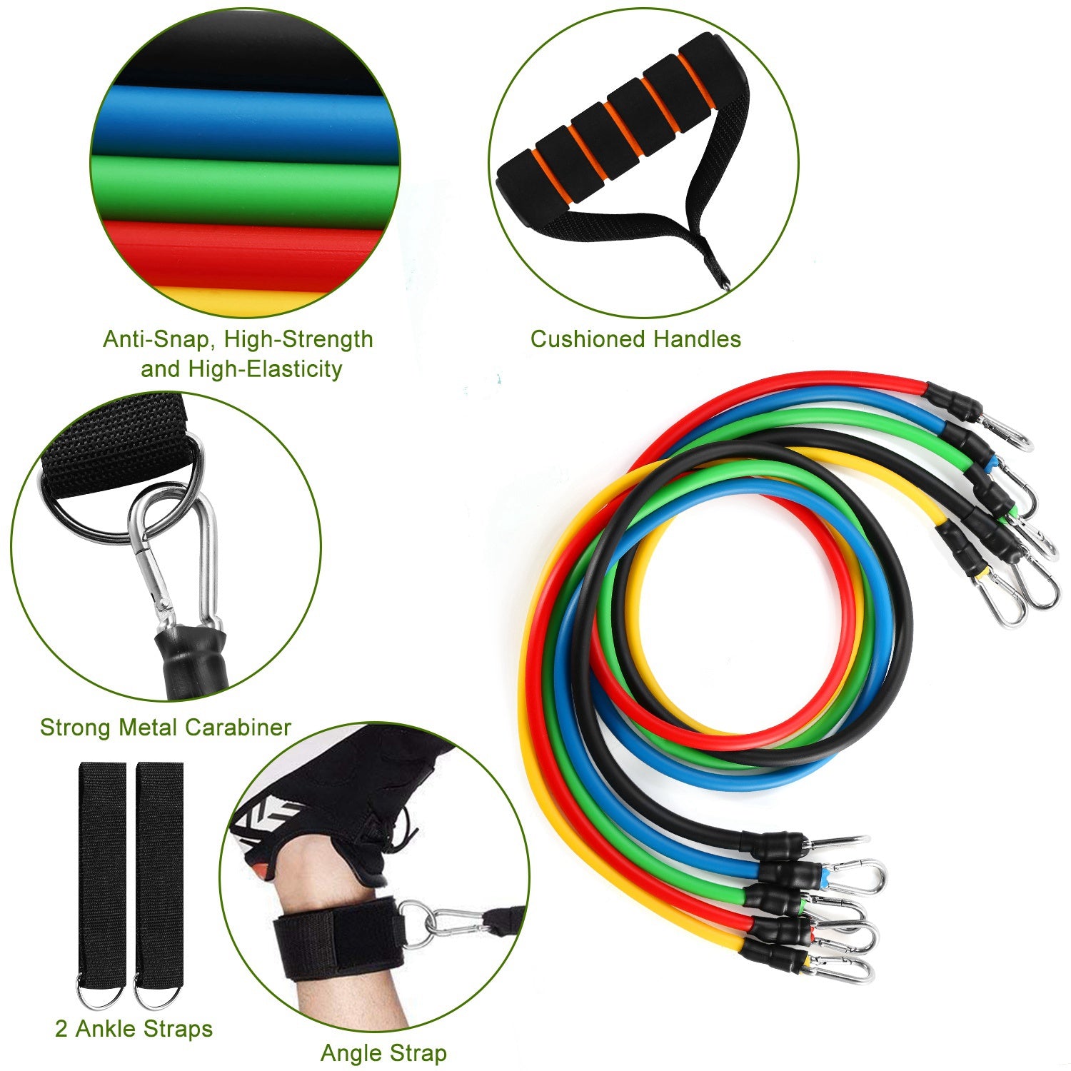 11Pcs Resistance Bands Set Fitness Workout Tubes Exercise Tube Bands Up to 100lbs w/ Door Anchor Handles Ankle Straps for Physical Training Yoga Pilat 