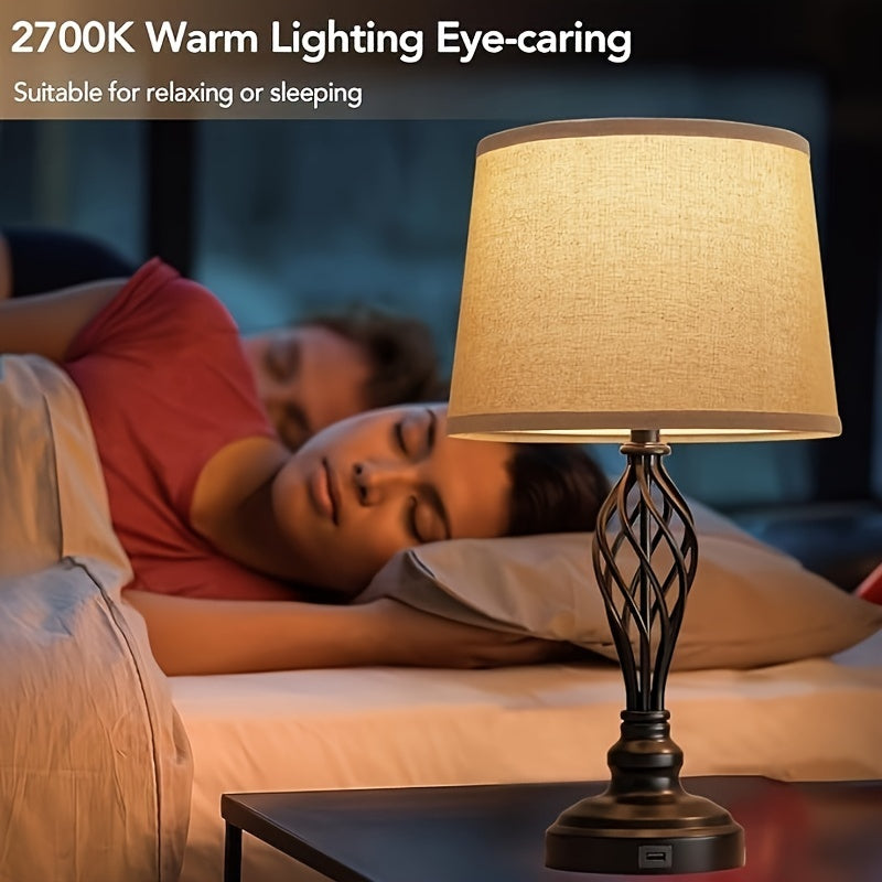 2-Piece Table Lamp Set with USB Port – Farmhouse Style Nightstand Lamps with 3-Color Temperature and Spiral Cage Base, Large Cream Drum Shade for Living Room or Bedroom 