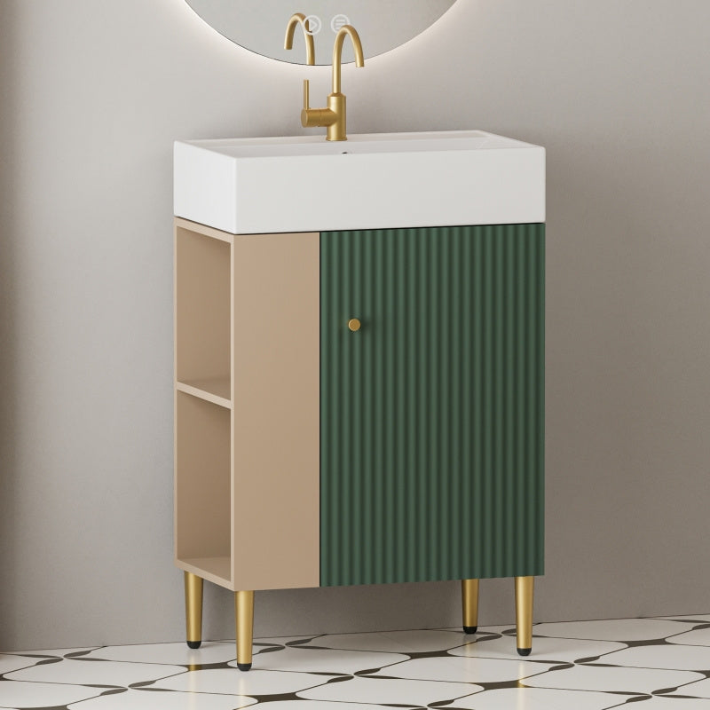 Contemporary Green Bathroom Vanity with Ceramic Sink & Soft-Closing Doors - Open Shelf Storage Cabinet on Left Side, 21.6" Wide, Assembly Required, Bathroom Decor And Accessories 