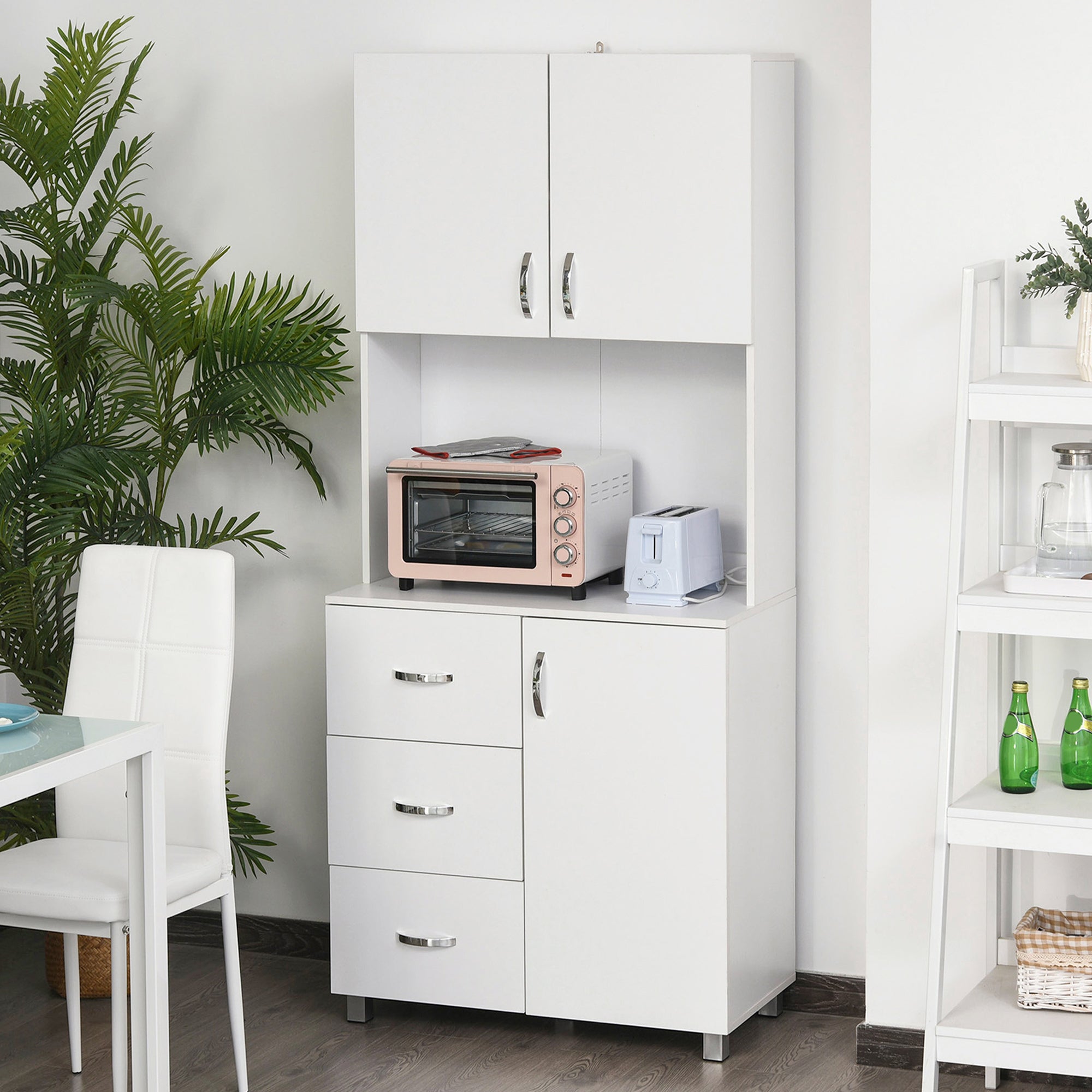 HOMCOM Freestanding Kitchen Hutch Buffet: Pantry Storage Organizer with 2 Door Cabinets, 3 Drawers and Open Countertop Shelf 