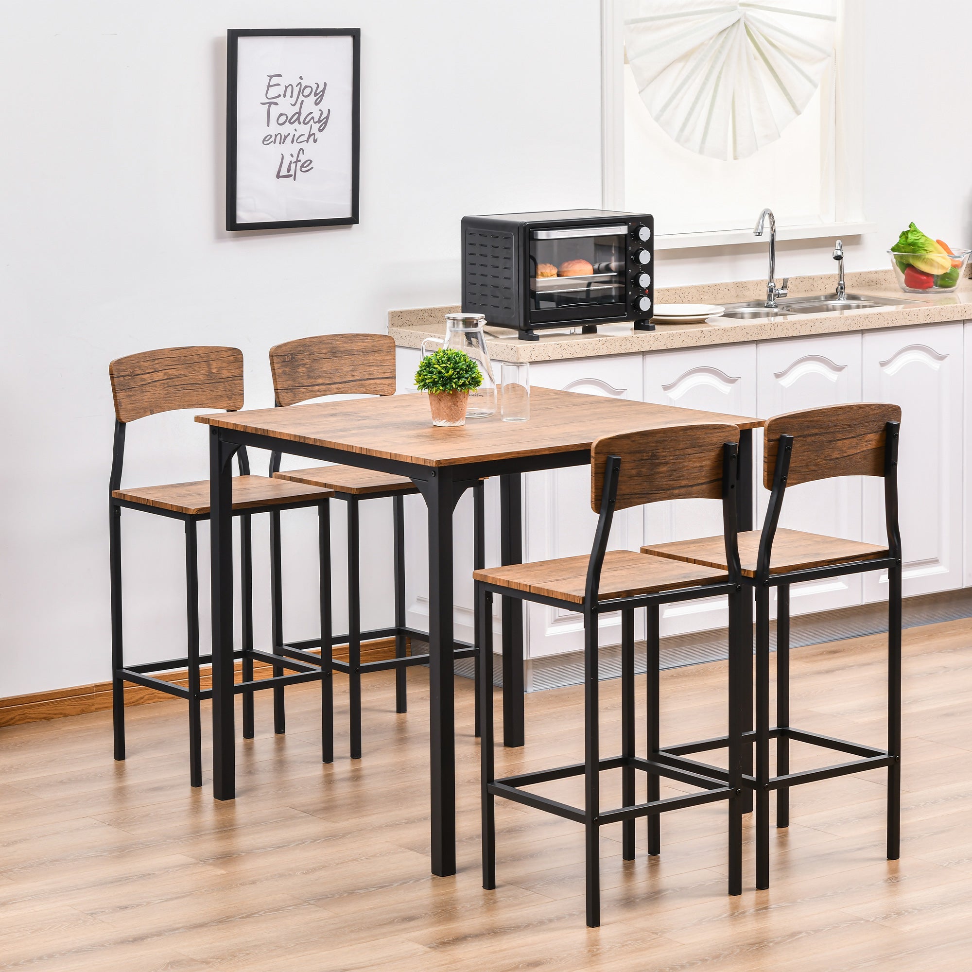 HOMCOM 5-Piece Counter Height Bar Table and Chair Set Square Dining Table 4 Seater Industrial Pub Style 