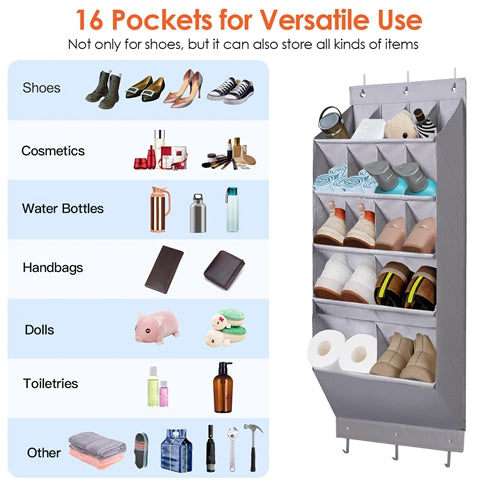 16 Pockets Over The Door Shoe Organizer 5 Tier Shoe Rack for Door with 6 Hooks Behind Door Hanging Storage Shelf for Shoes Toys Towels Bags Bedroom Ba