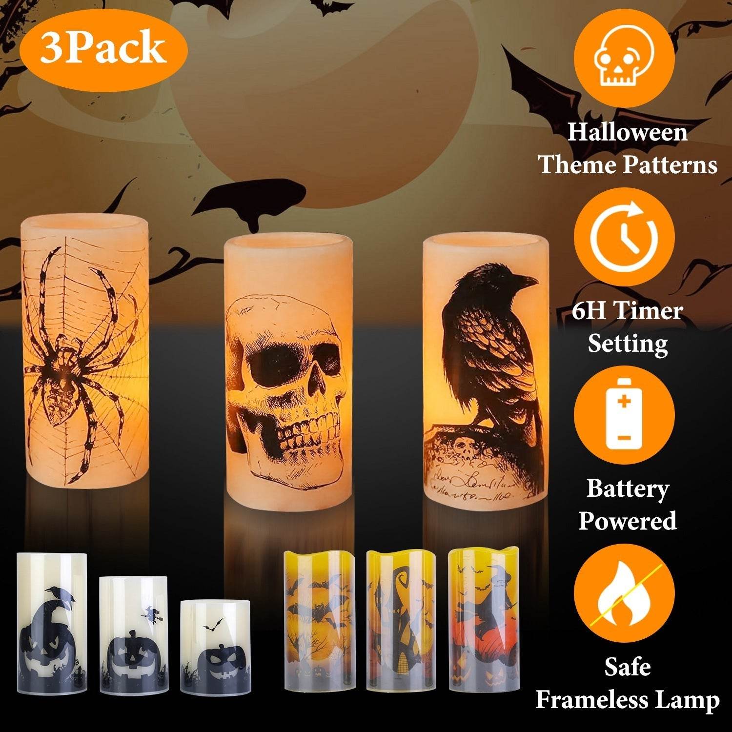 3 Pack Halloween Flameless Candle Lamp With Timer Setting Battery Operated Warm Orange Light Candles For Halloween Party Decoration 