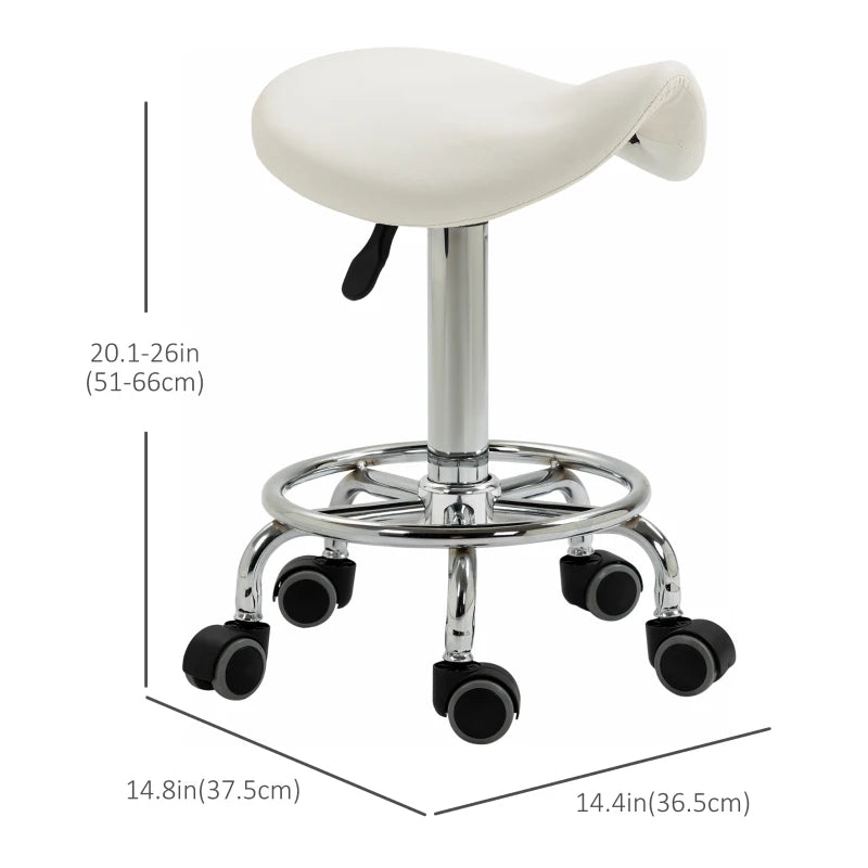 Saddle Stool, PU Leather Adjustable Rolling Salon Chair for Massage, Spa, Clinic, Beauty and Tattoo, White