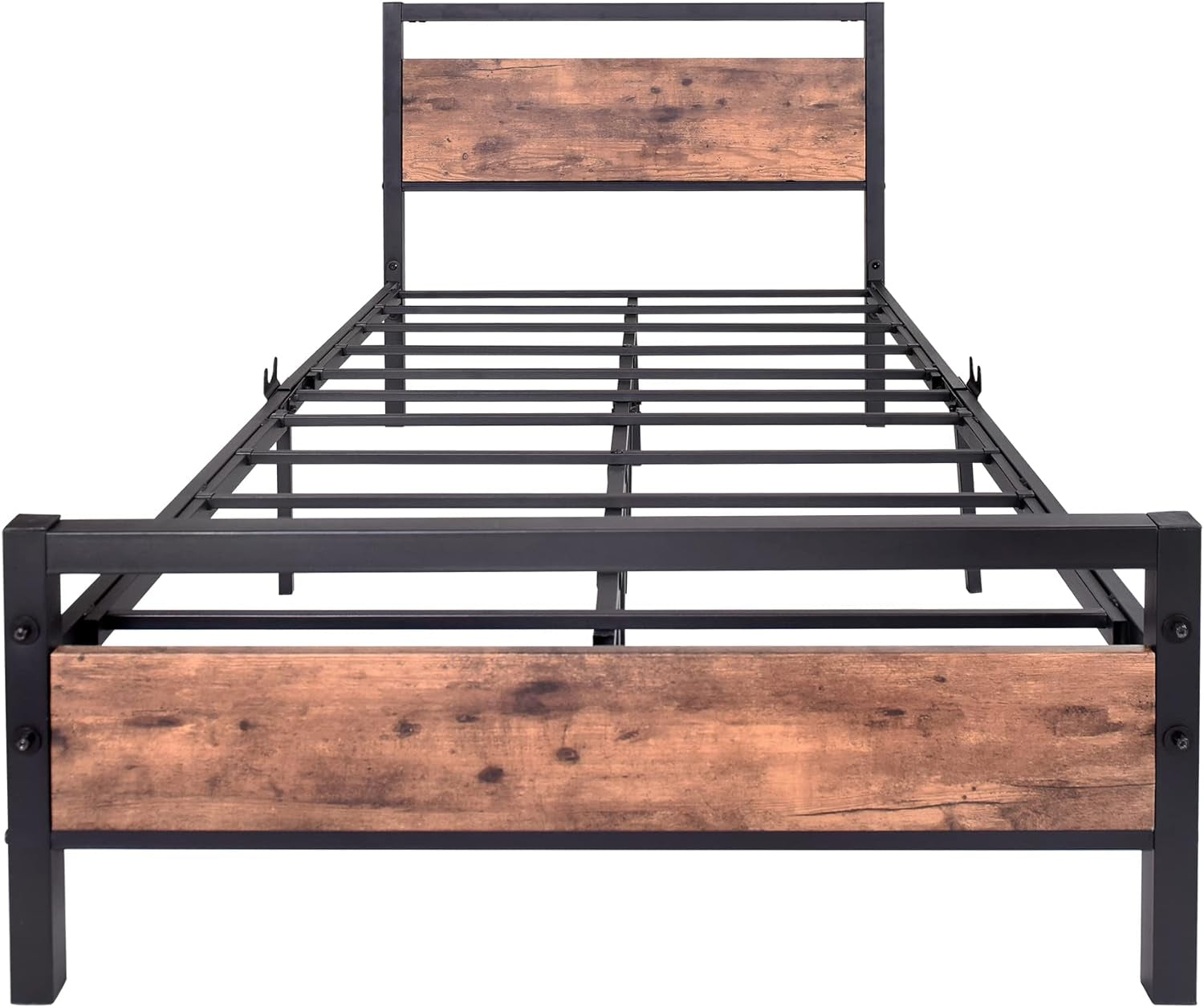 Metal Bed Frame Twin Size with Wood Headboard,Platform Bed Frame Twin No Box Spring Needed,Sturdy Reinforced Steel Slat,Rustic Brown