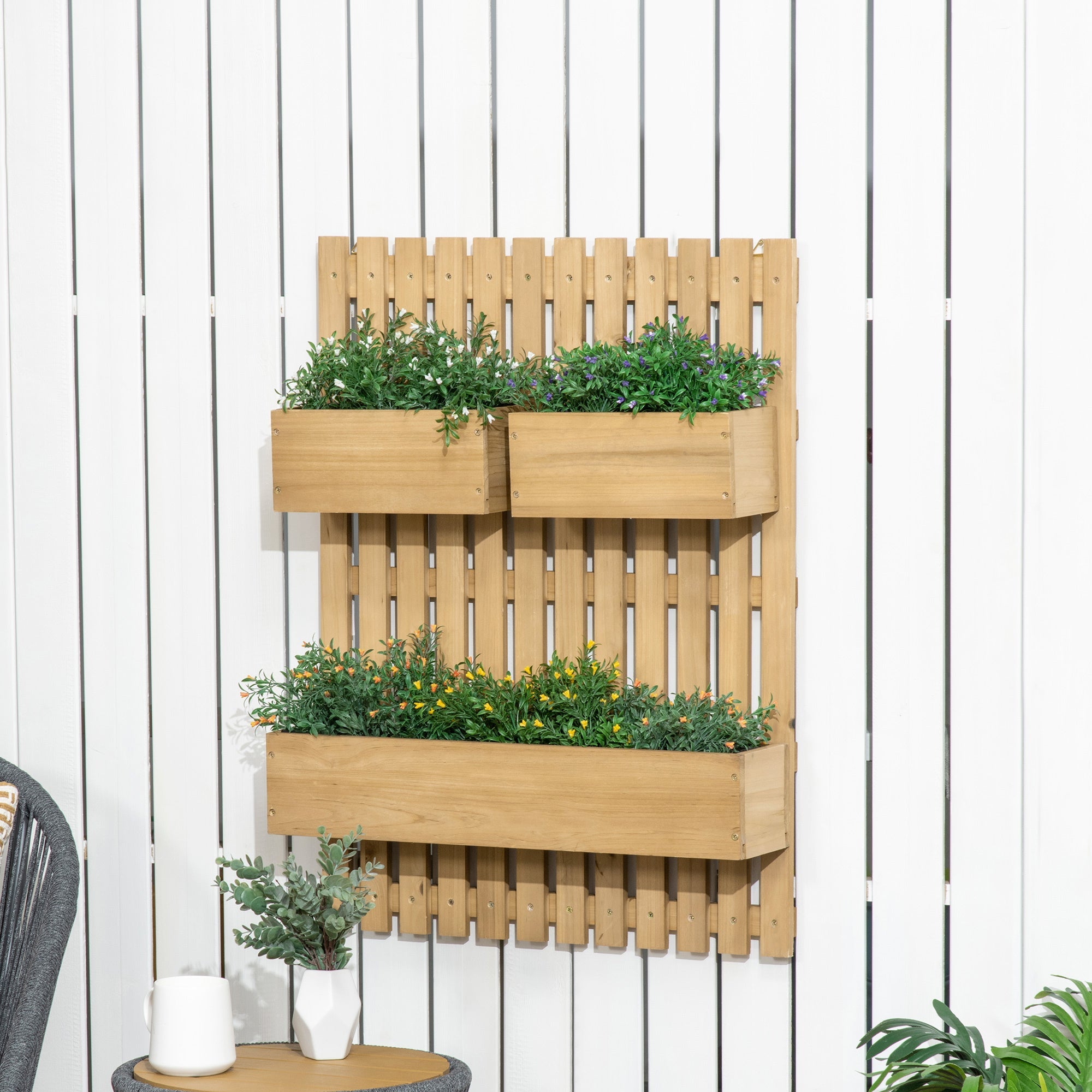 Outsunny 3 Box Raised Garden Bed with Trellis, Wall-Mounted Wood Planter Box Set with Drainage Hole for Flowers, Climbing Plants 