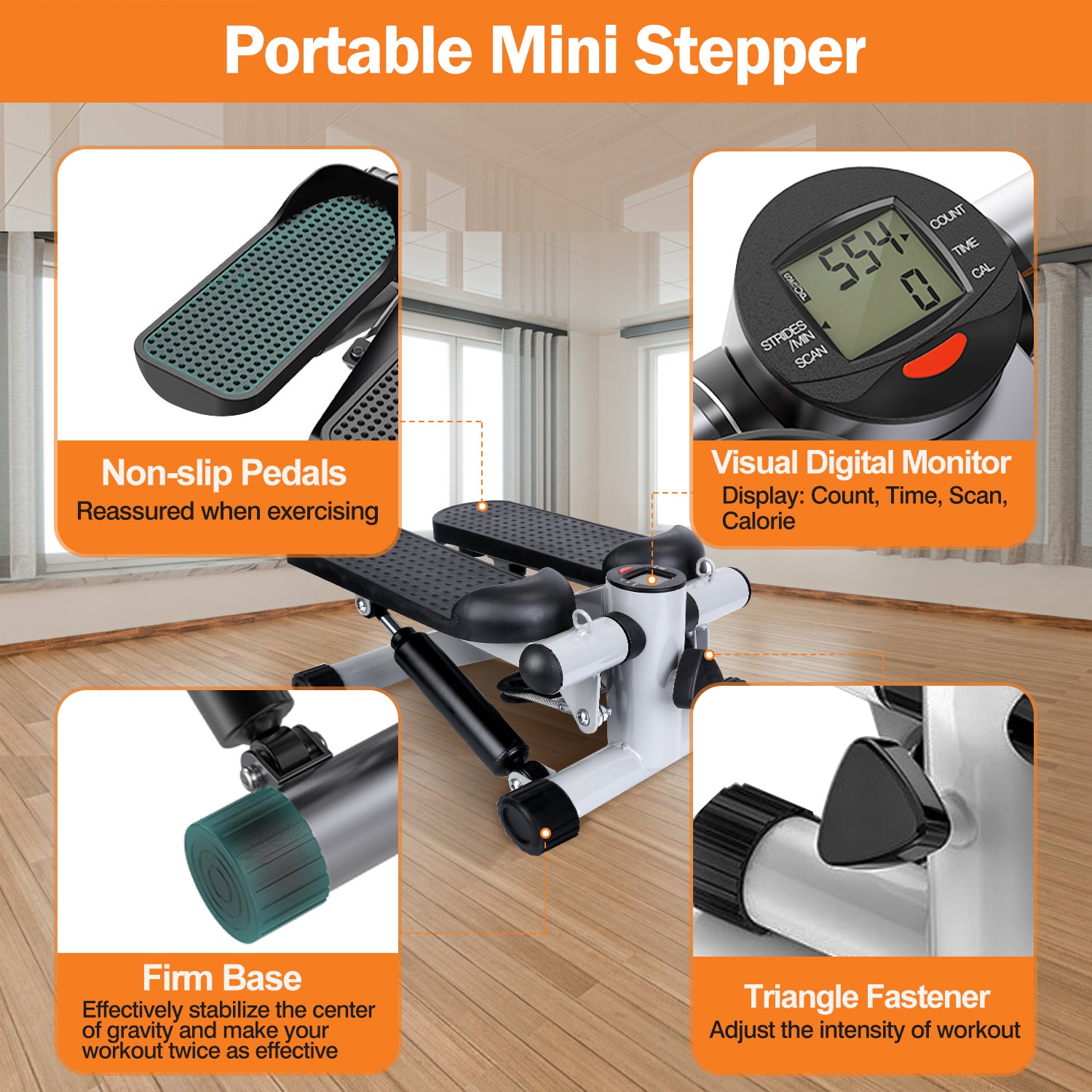 Stepper for Exercise Mini Fitness Stepper with 2 Resistance Bands LCD Monitor Max 330.7LBS Load Stair Stepper Quiet Stepper 