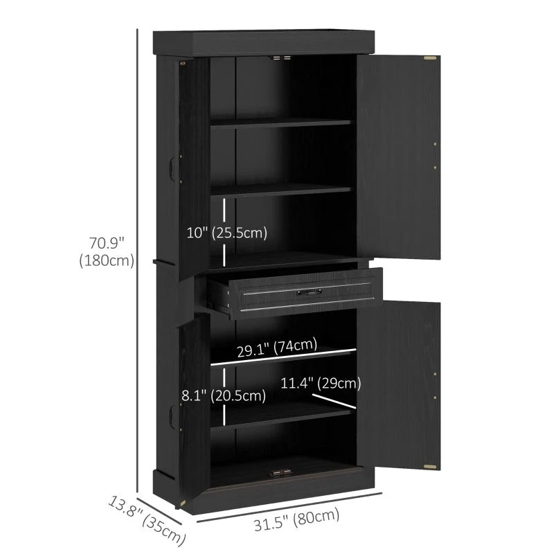71" Freestanding Kitchen Pantry with 4 Doors and 2 Cabinets, Tall Storage Cabinet for Kitchen, Distressed Black