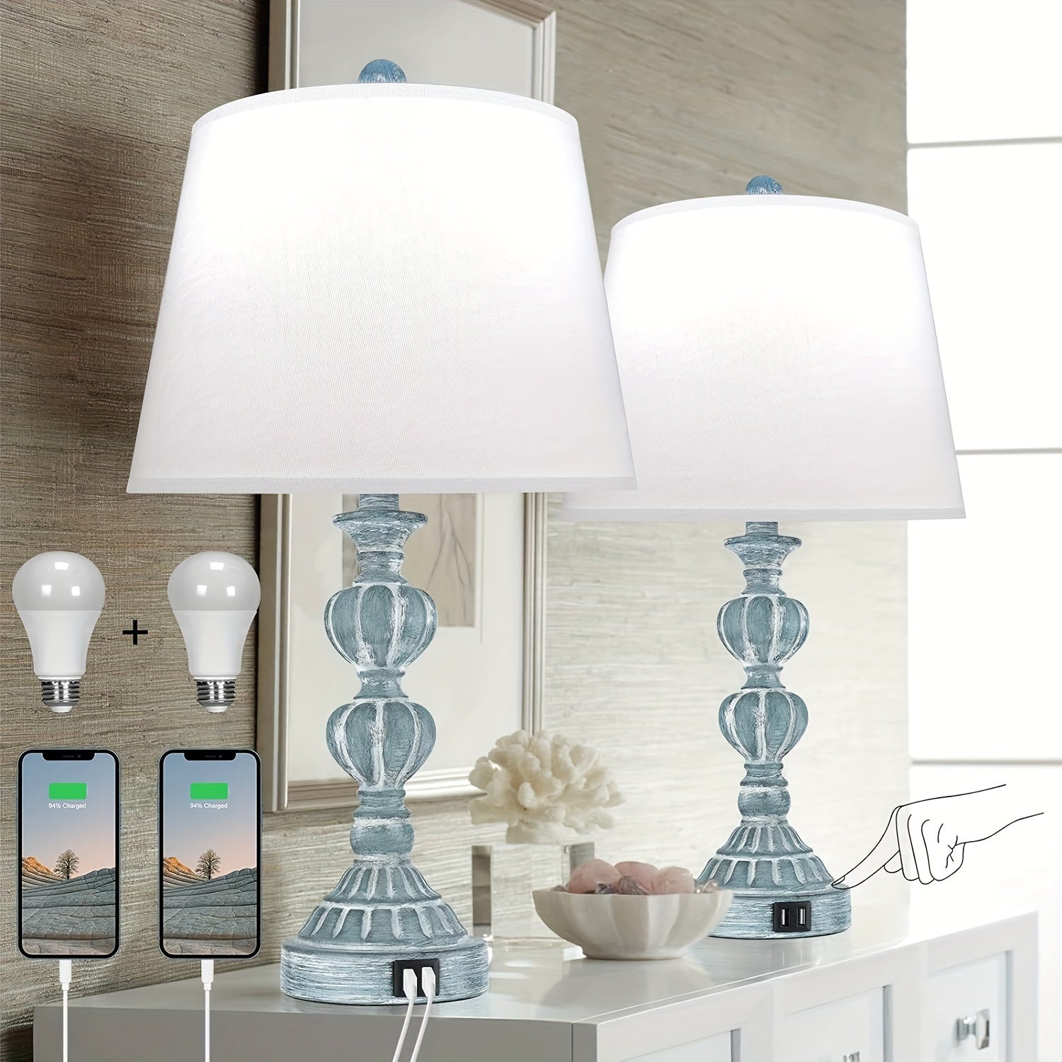 Coastal Farmhouse Table Lamp Set – 3-Way Dimmable Touch Control with Dual USB Ports, Blue Washed White Finish – Perfect for Nightstands or Living Rooms (Set of 2) 