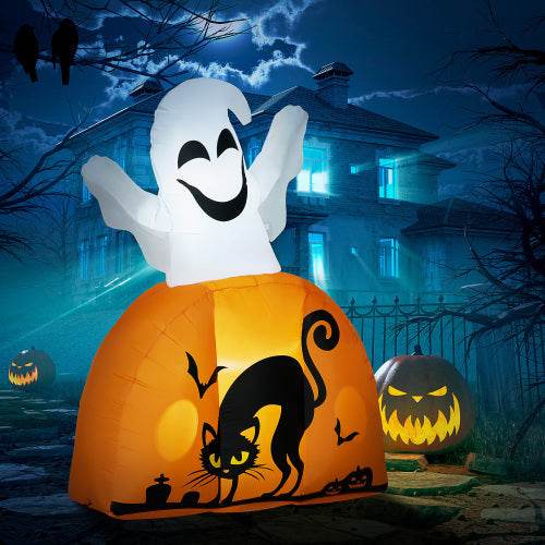 HOMCOM 5ft Halloween Inflatables Outdoor Decorations Ghost With Pumpkin, Outdoor Blow Up Yard Decor With LED Lights For Garden, Lawn, Party, Holiday 