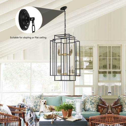 8 Lights Black & Gold Lantern Tiered Chandelier, Industrial Farmhouse Chandelier - No Bulbs 