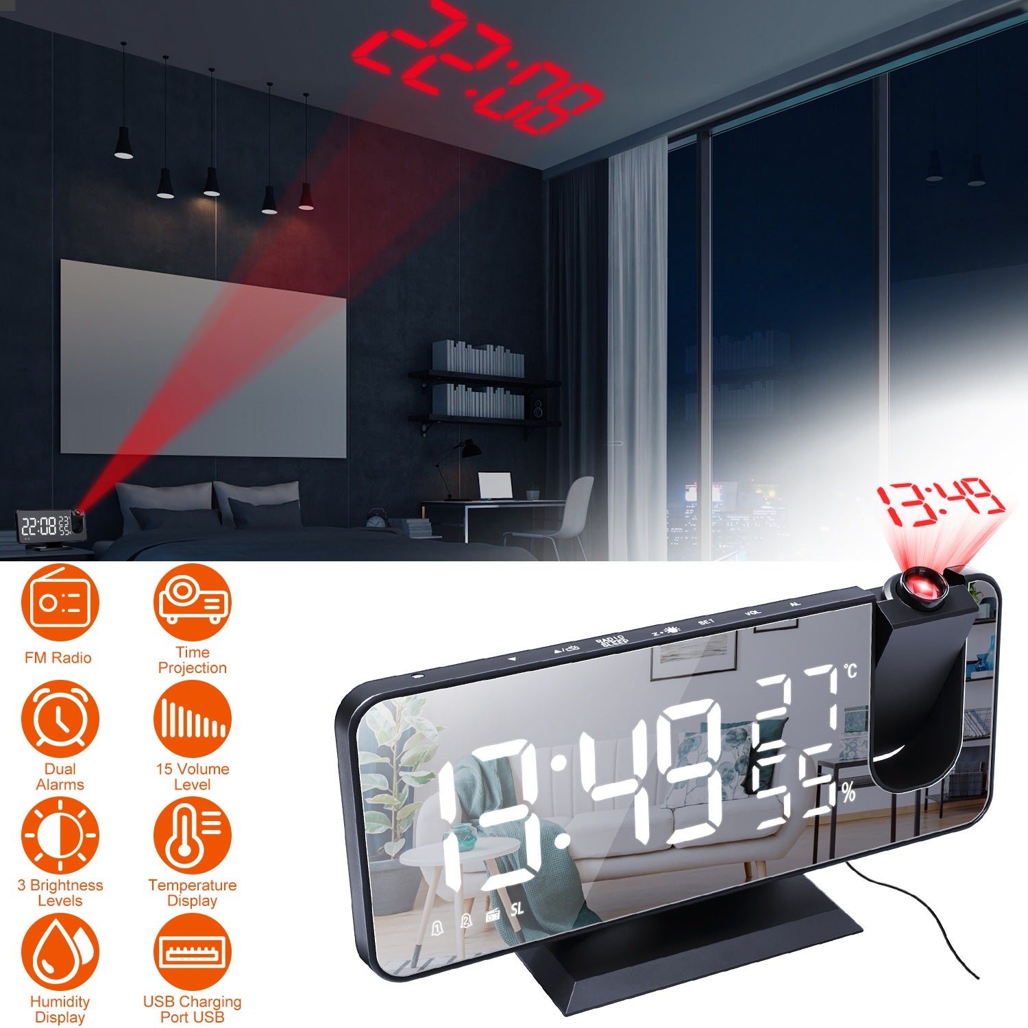 Projection Alarm Clock with Radio Function 7.5In Mirror LED Digital Alarm Clock w/ Dual Alarms 4 Dimmer 12/24 Hour USB Port