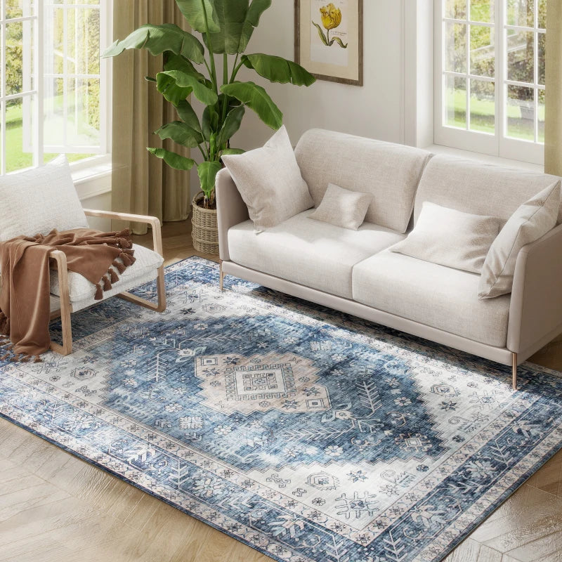 5x7 Area Rug, Vintage Machine Washable Rug, Non-Slip Floor Carpet for Living Room, Bedroom, Dining Room, Blue