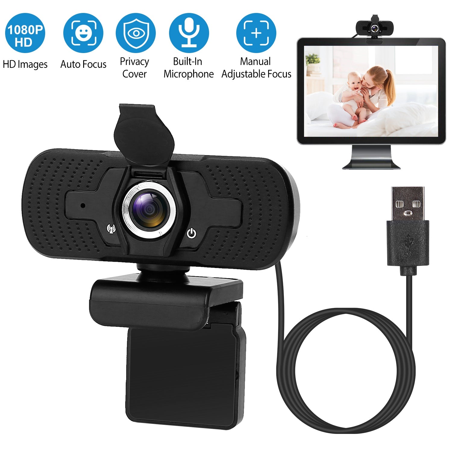 FHD 1080P USB Webcam w/ Microphone Privacy Cover Rotatable Clip Streaming USB Camera Plug And Play For PC Video Conferencing Gaming Facetime Broadcast