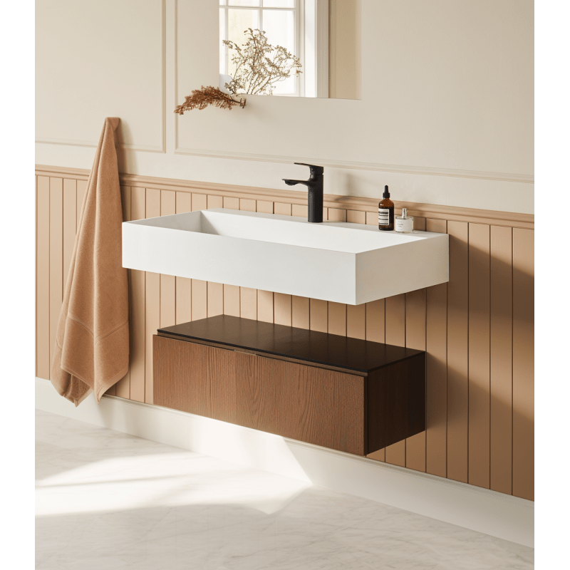 30" x 18" Solid Surface Wall Mount Rec Matte White Vel Sink with Faucet Hole 