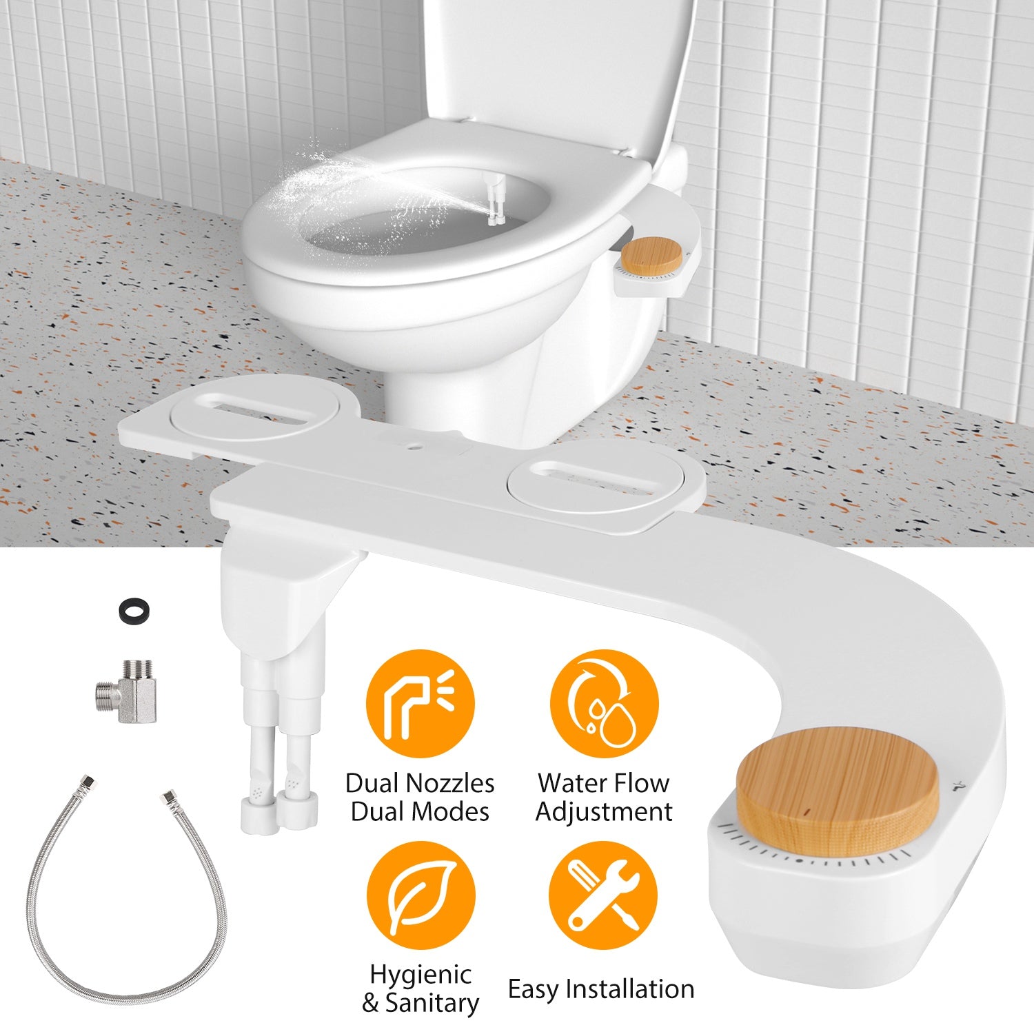 Bidet Attachment Non-Electric Fresh Water Bidet Sprayer Toilet Seat Attachment with Dual Nozzles Water Flow Control