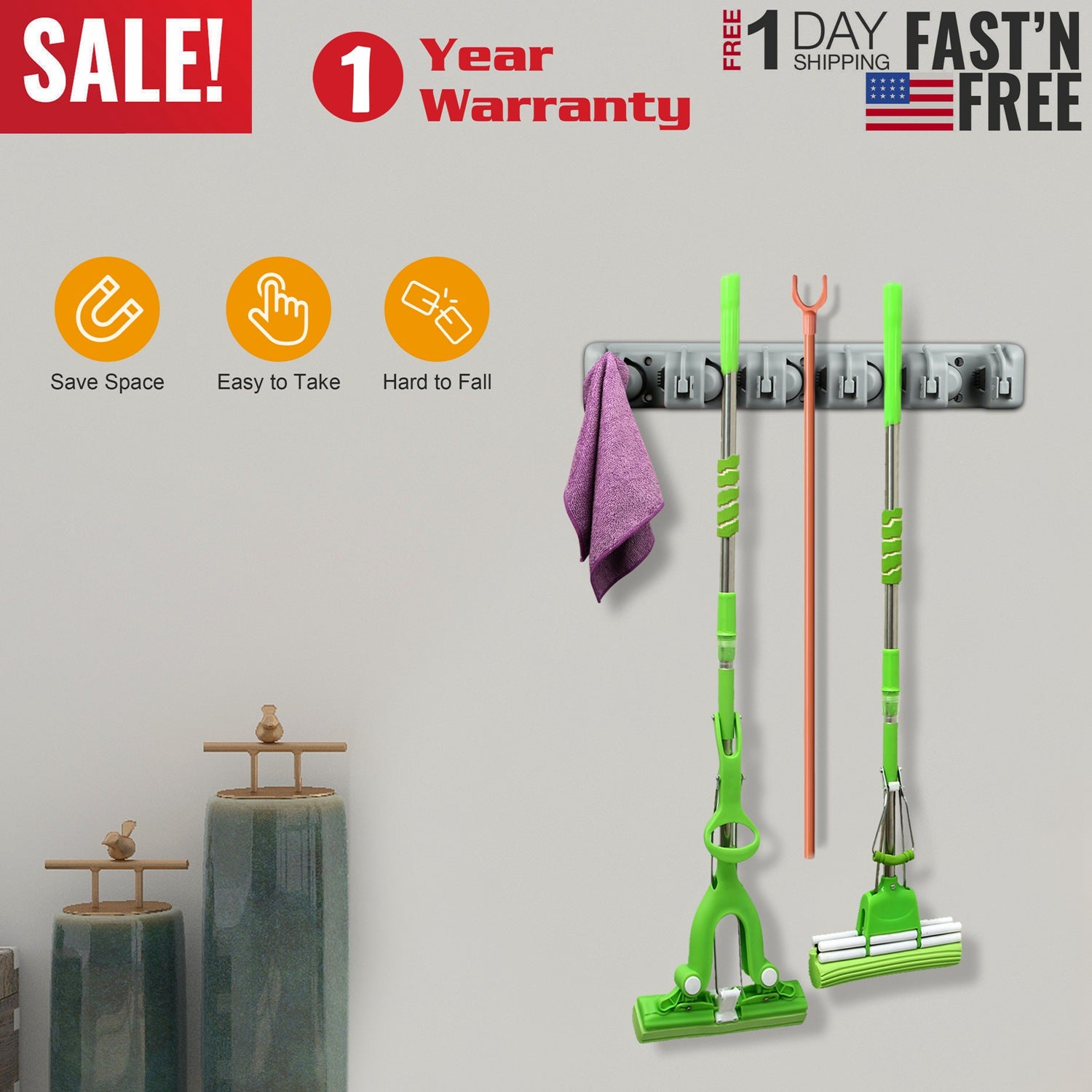 Mop Holder Wall Mount Mop Broom Holder Mop Hanger Organizer Storage Rack w/ 5-Position for Home Bathroom Kitchen Garage