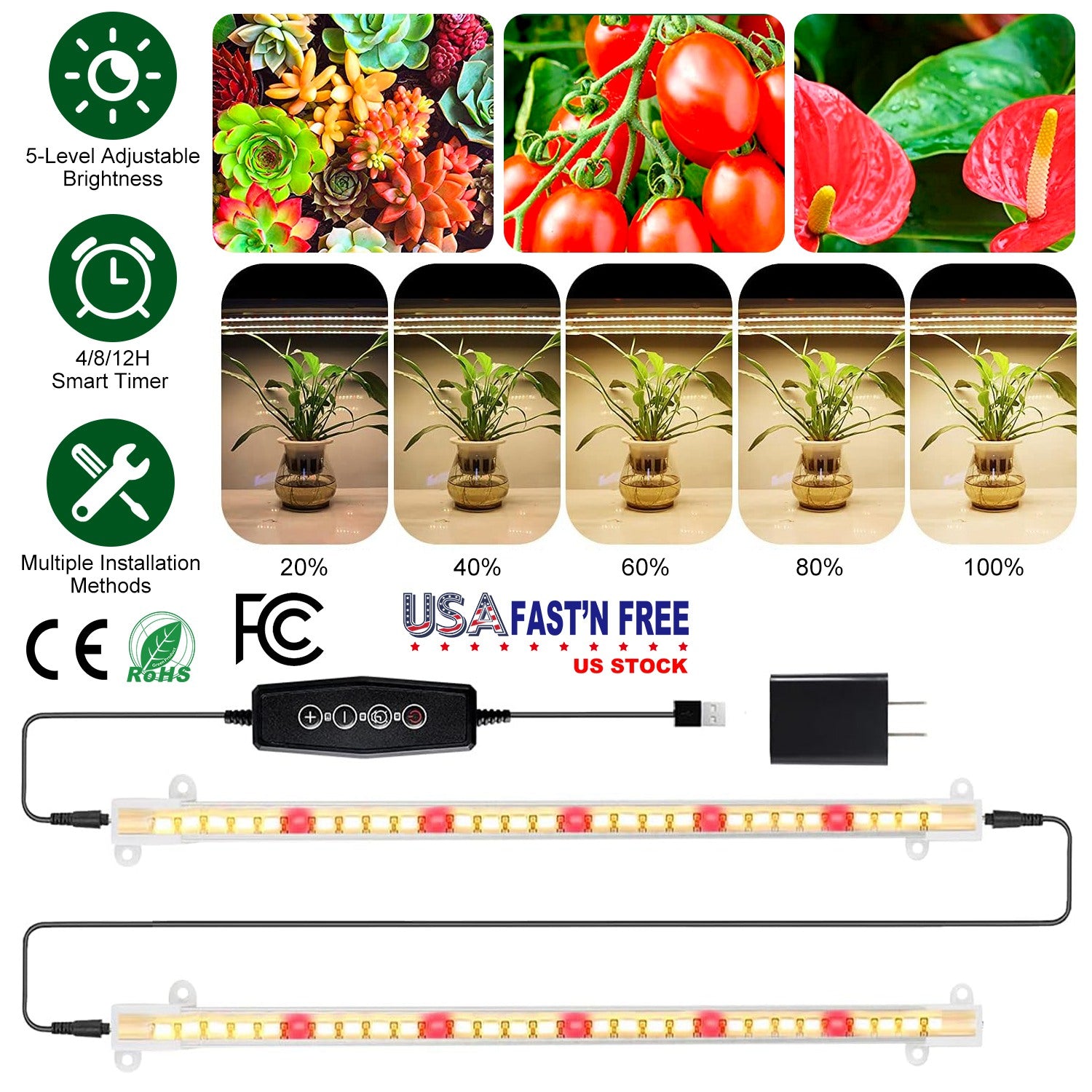 LED Plant Grow Light Strips Full Spectrum Plant Growing Lamp Bar with 2 Strips 60LEDs 4/8/12H Timer 5-Brightness Levels 