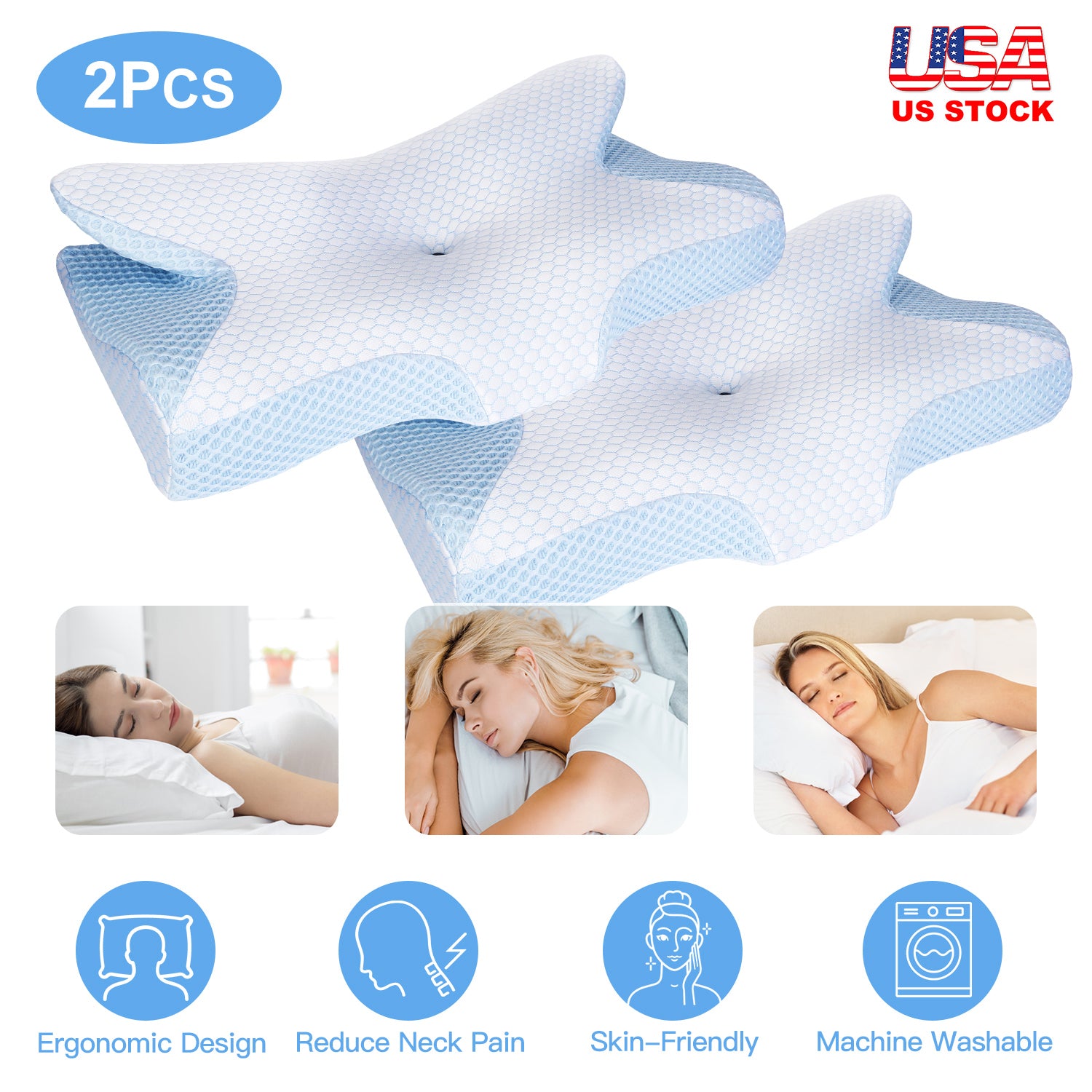 2Pcs Memory Foam Pillow Neck Support Pillow for Pain Relief Sleeping Ergonomic Contour Orthopedic Support Side Back Stomach Sleeper