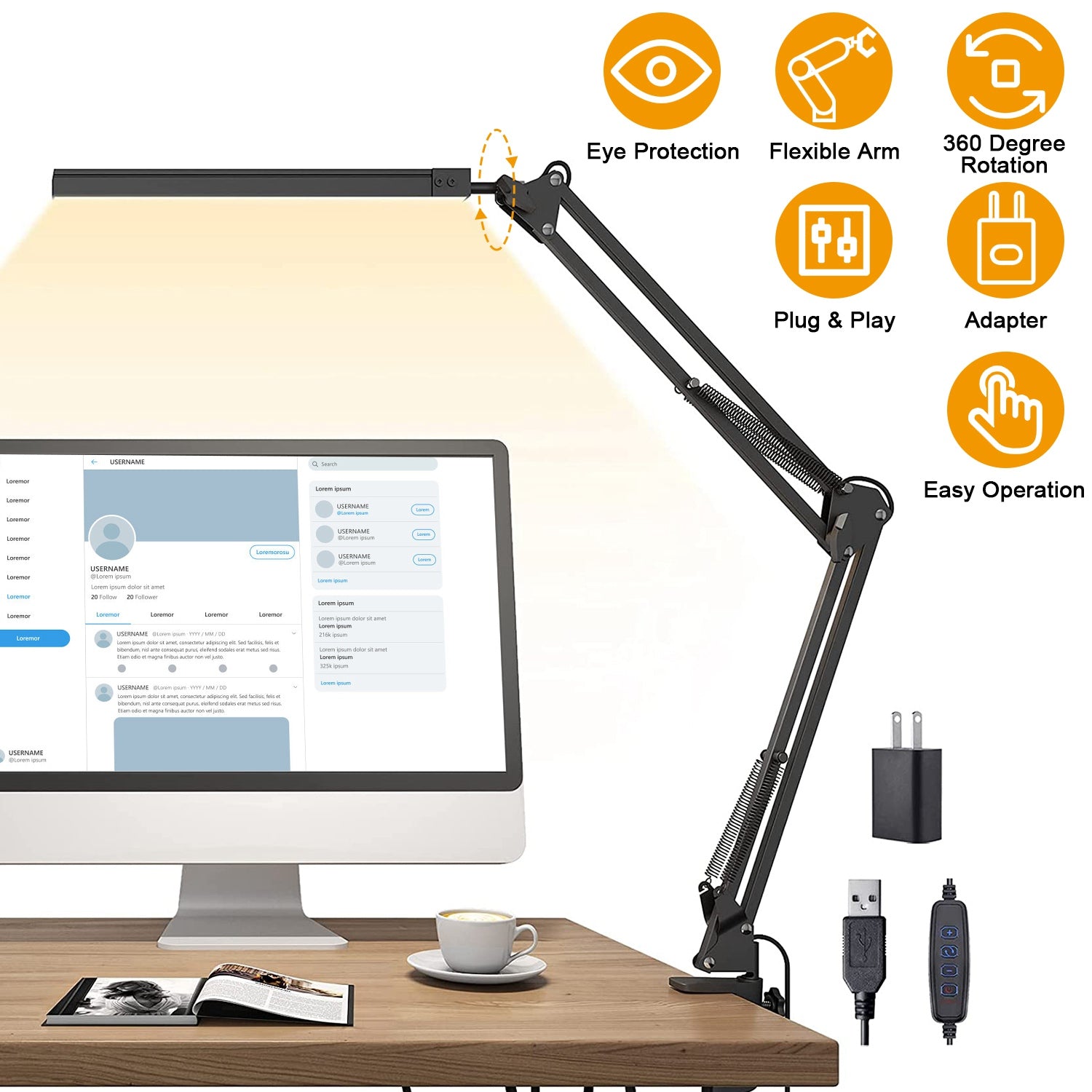 LED Reading Desk Lamp with Clamp Adjustable Swing Arm 3 Modes 10 Brightness Table Light 360 Degree Rotation Lighting Head for Home Office