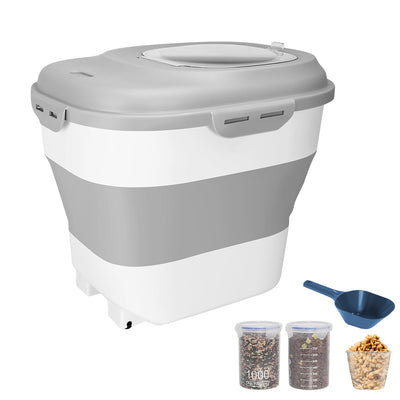 16.5 to 55LBS Collapsible Food Storage Container With Rolling Wheels Airtight Clear Lid Desiccant Slot Rice Dog Cat Food Foldable Dispenser With Scoop 