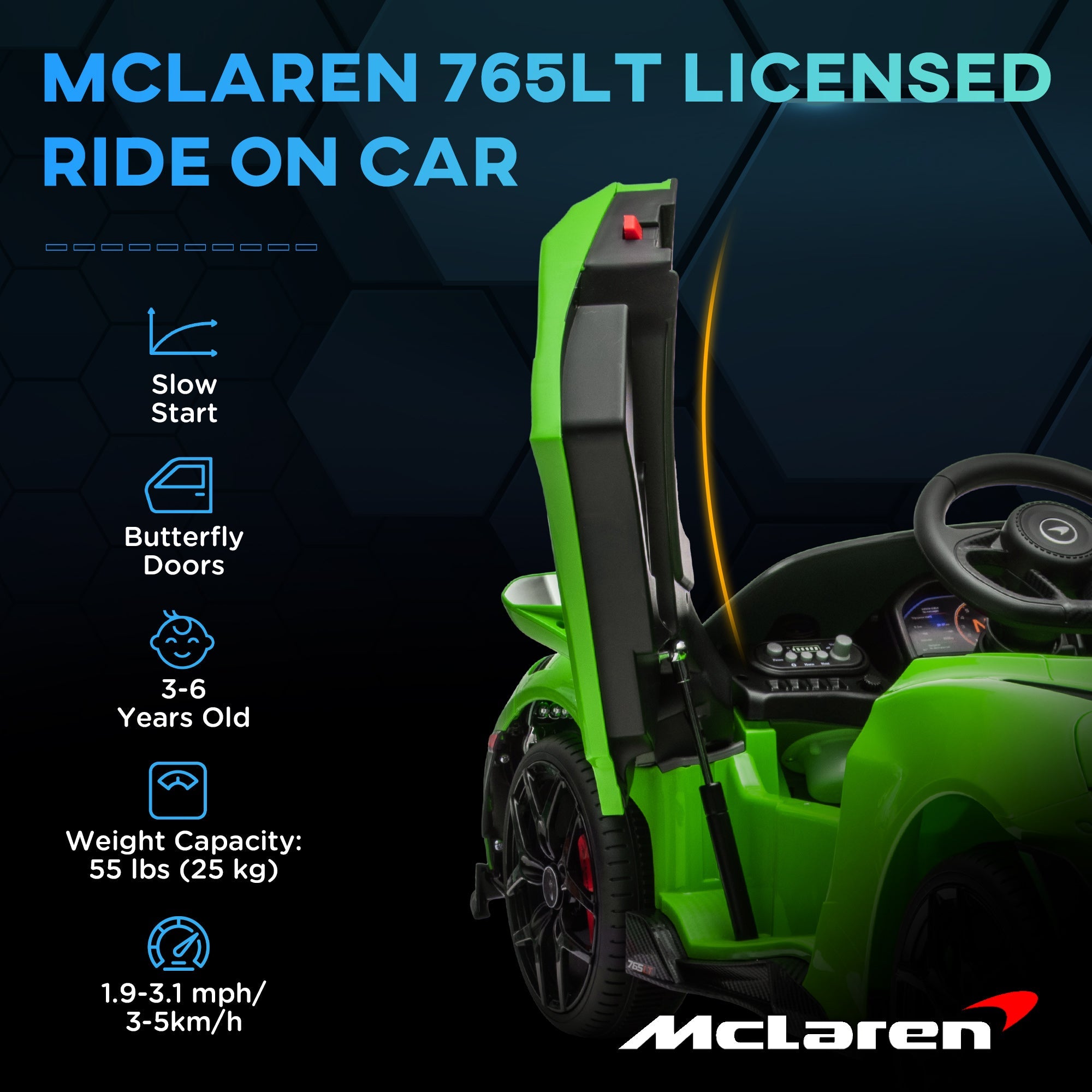 Qaba McLaren 765LT Licensed 12V Kids Electric Car w/ Scissor Doors, Training Wheels, Remote, Slow Start, Music Horn Green 