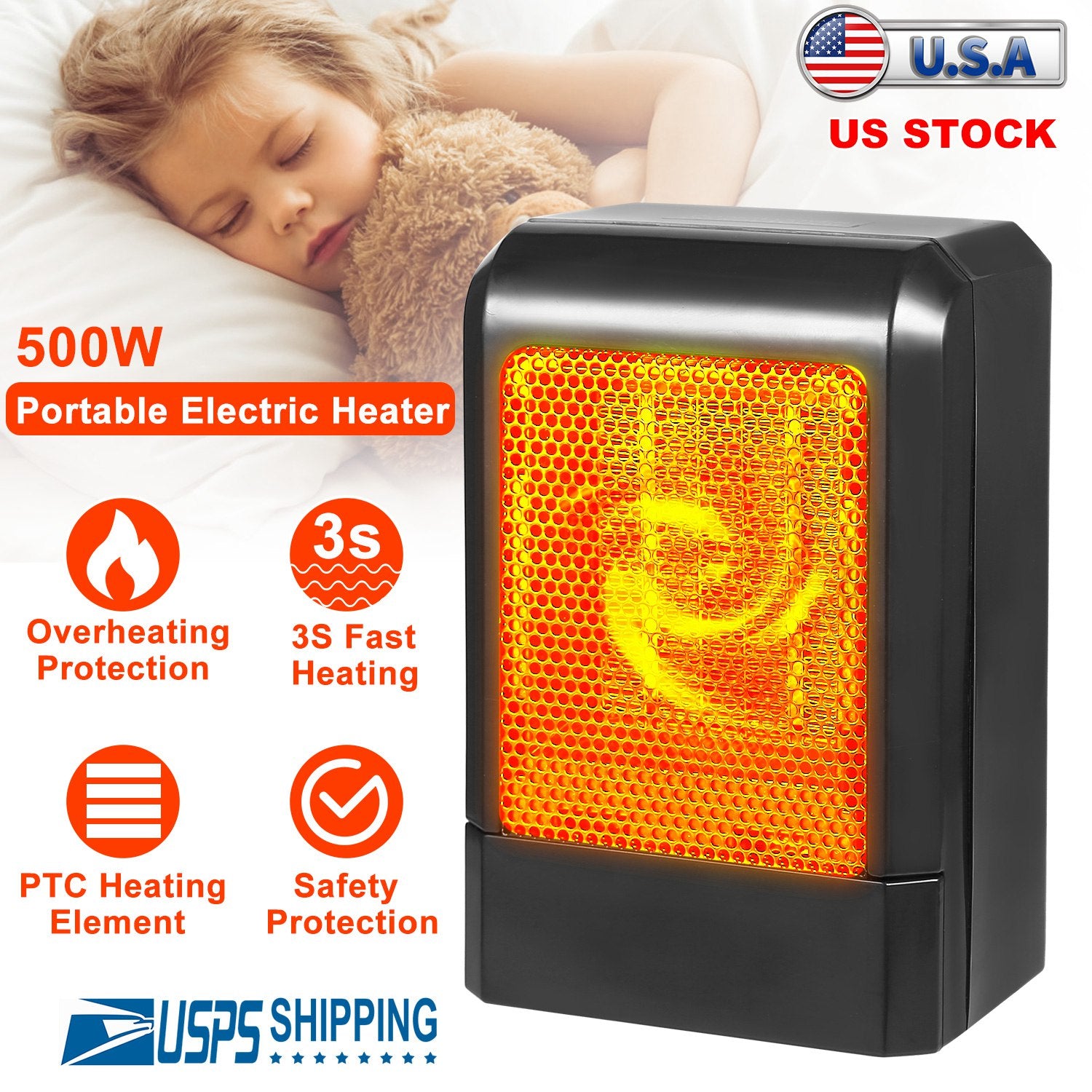 500W Portable Electric Heater PTC Ceramic Heating Fan 3S Heating Space For Home Office Use 