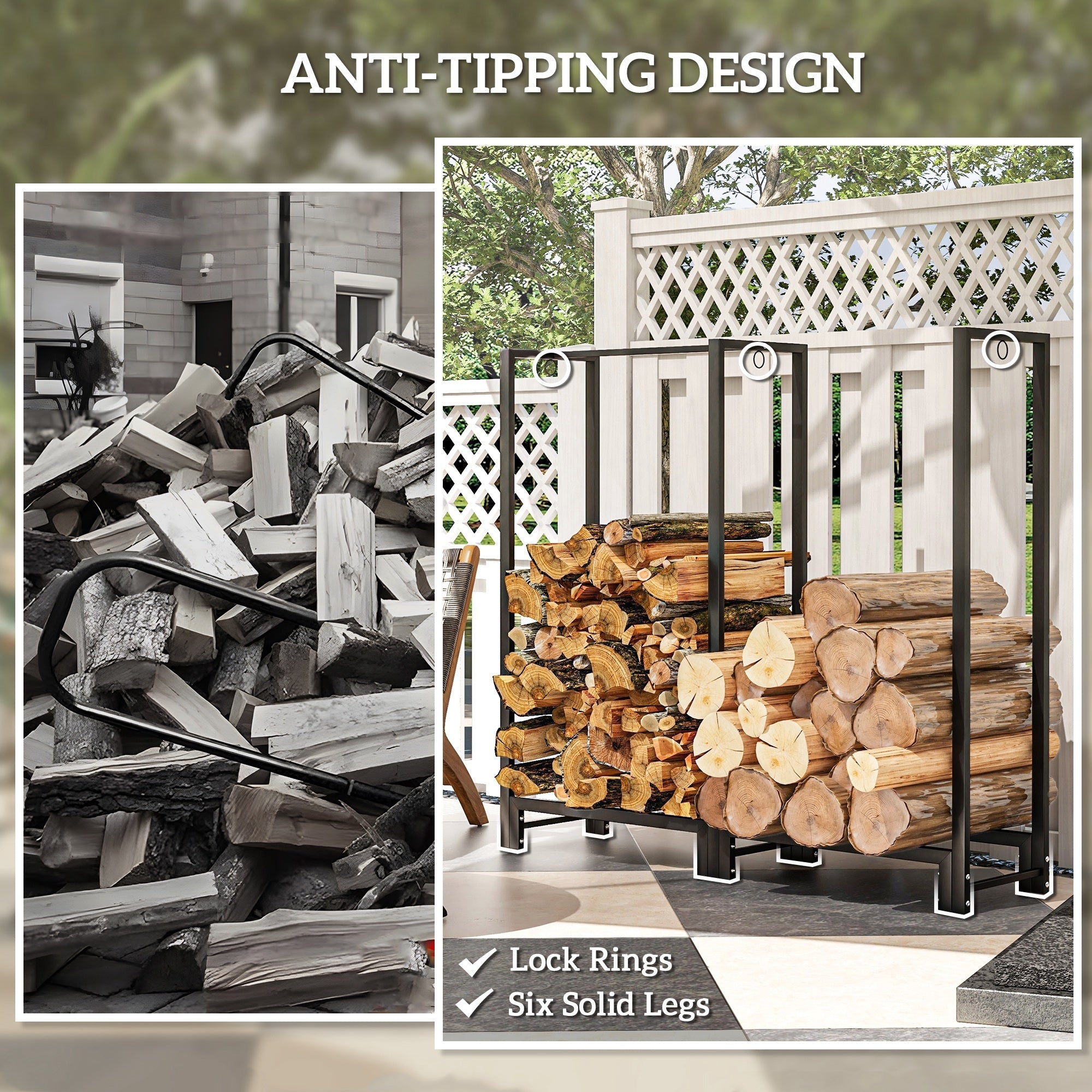 Outsunny 4ft Firewood Rack with Dual Space and Lock Rings, Steel Log Holder for Outdoor Indoor, Black 