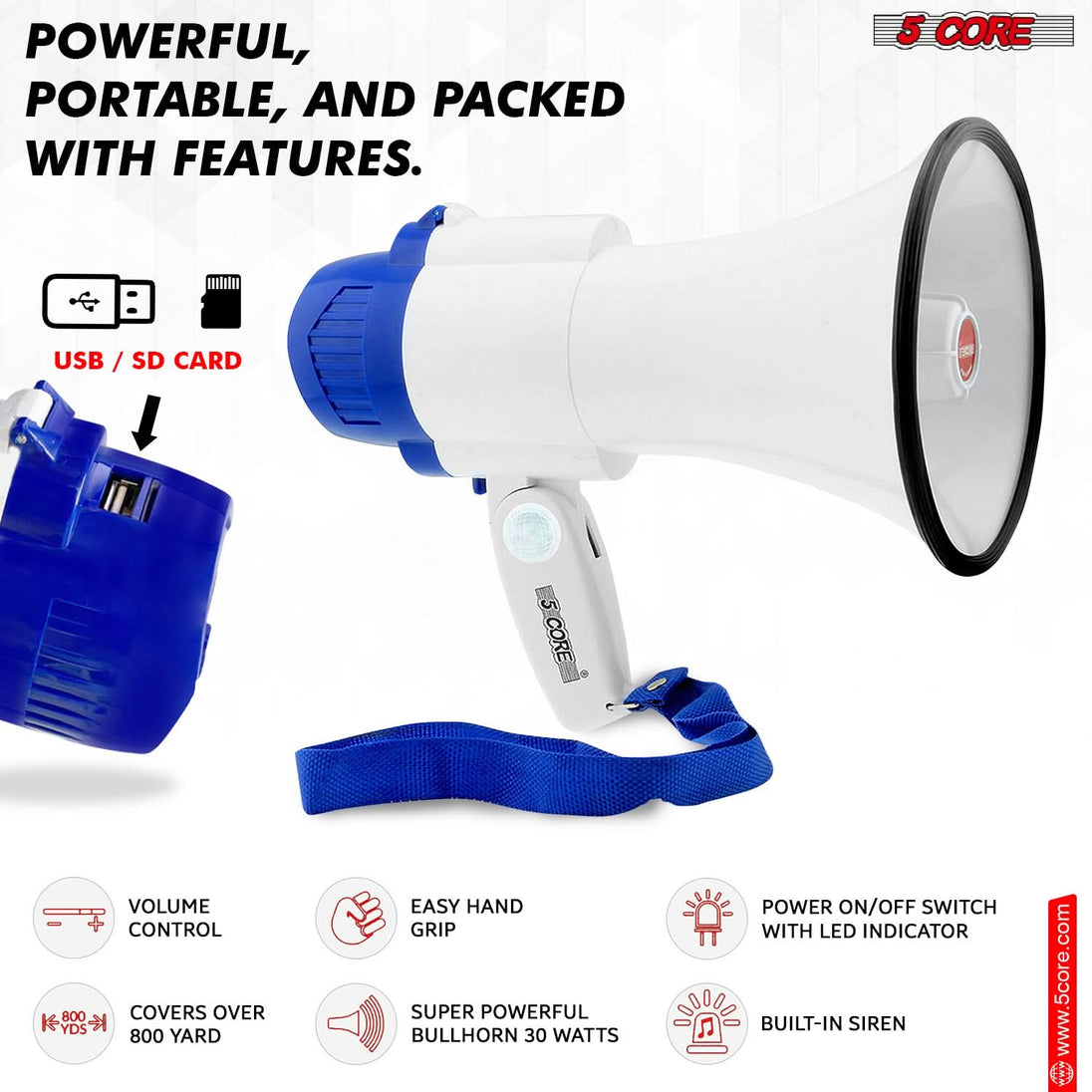 5Core Megaphone Bullhorn Speaker 30W Mini Bull Horn Battery Power Megafono 800 Feet