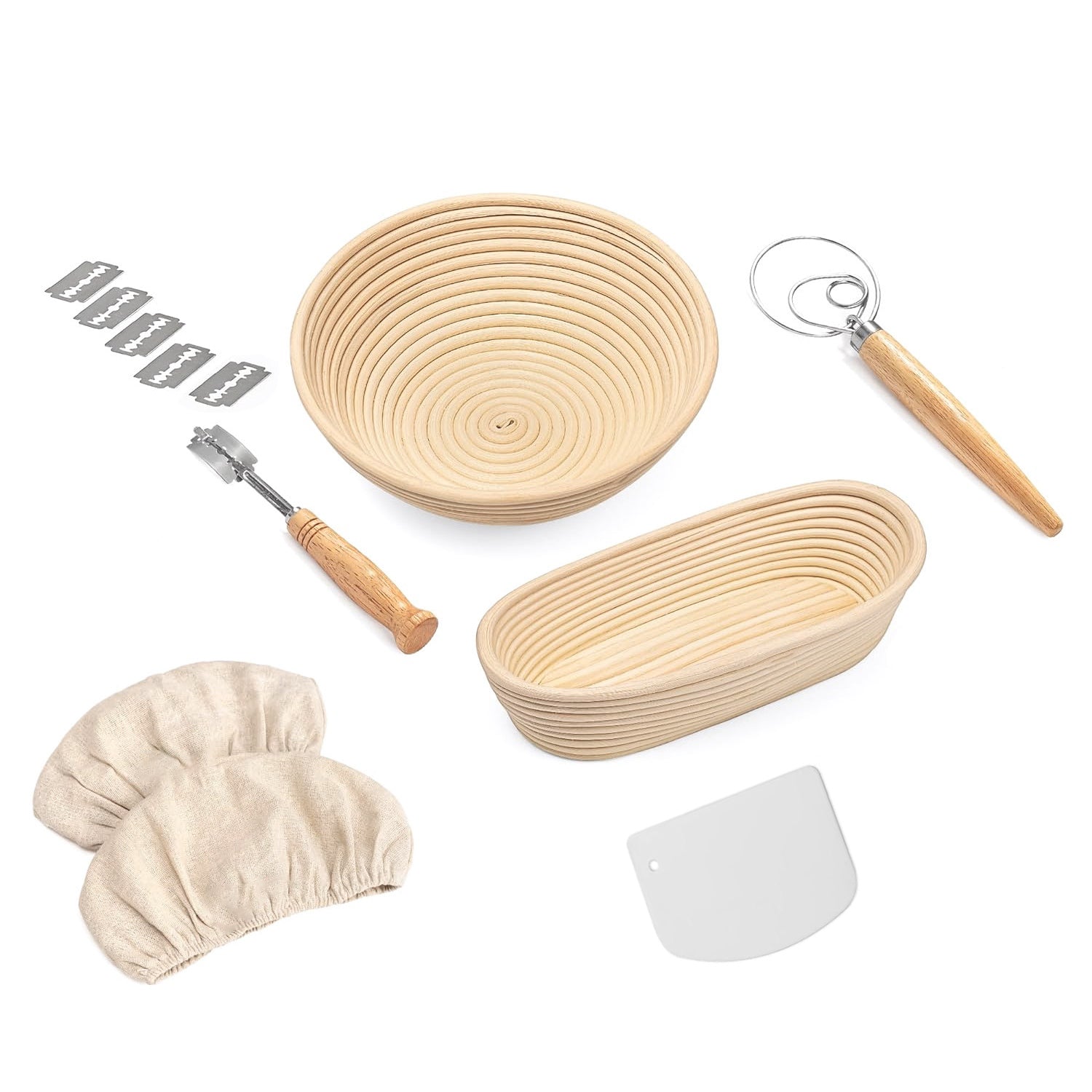 Complete Bread Baking Kit Banneton Proofing Basket Set 9In Round And 10In Oval Basket With Linen Liner Lame Dough Scraper Whisk