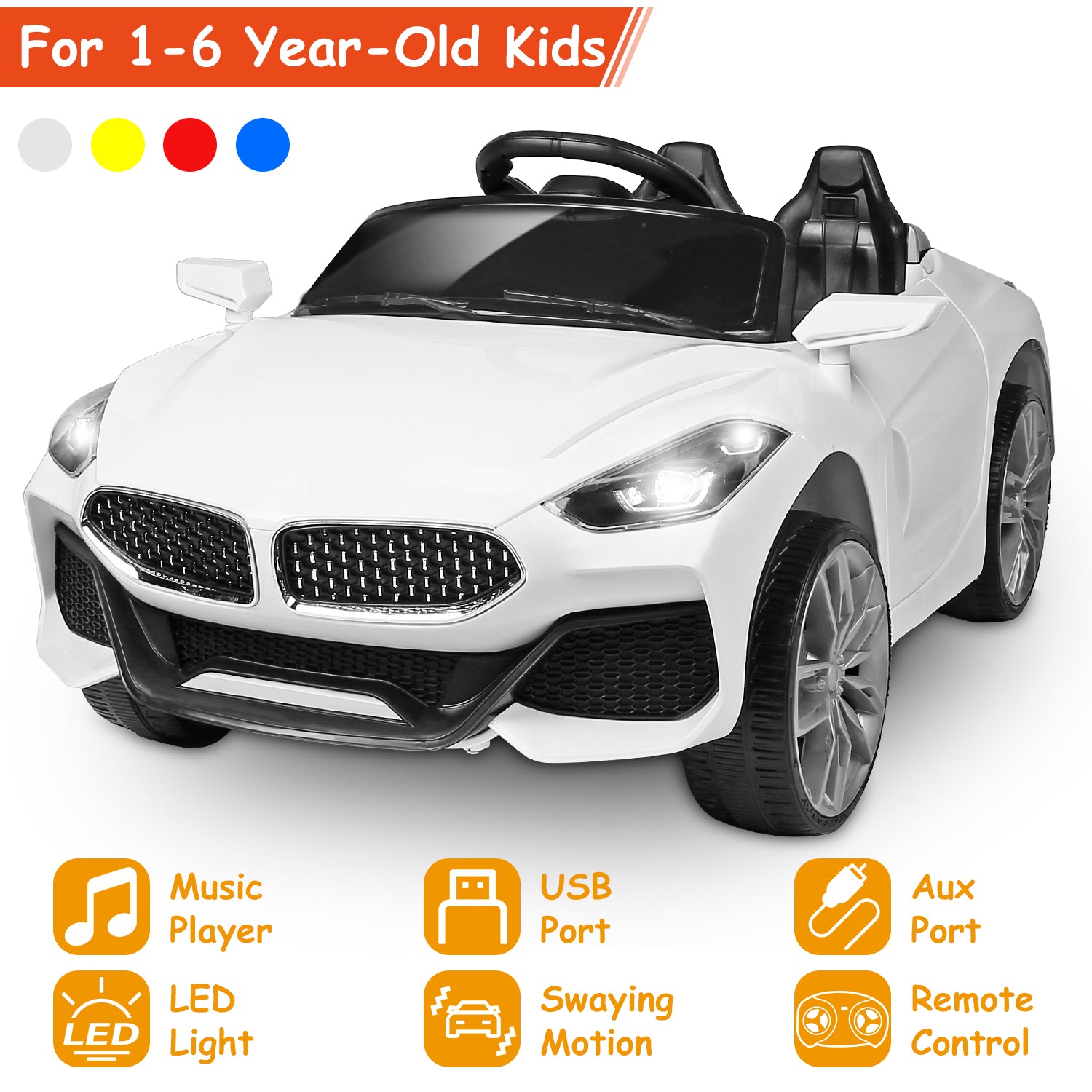 12V Electric Kids Ride-On Car w/ Parental Remote Control Music Horn LED Lights Swaying Function 3 Speeds For Kids Aged 1-6 Years