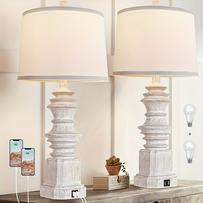 Set of 2 Bedside Table Lamps – Farmhouse Style with Dual USB Ports, White Fabric Shade & 3-Color Mode Bulbs – Perfect for Nightstands, Bedrooms, or Living Rooms 