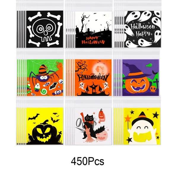 450 Pcs Halloween Cellophane Treat Bags Self-sealing Clear Candy Cookie Bags Pumpkin Ghost Black Cat Skull Trick Or Treat Bags For Halloween Birthday Trick Or Treat Party Favors Supplies 