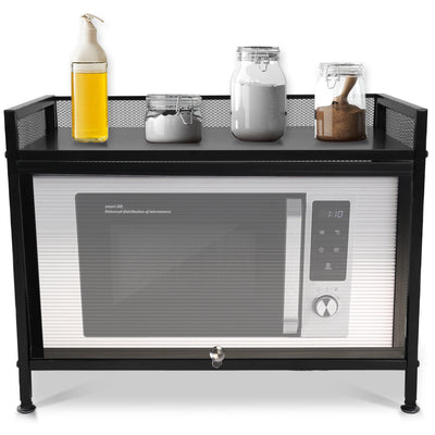 Bakers Rack Carbon Steel Kitchen Storage Cabinets Microwave Stand Kitchen Shelves with Microwave Compatibility Translucent Door Net Panel 