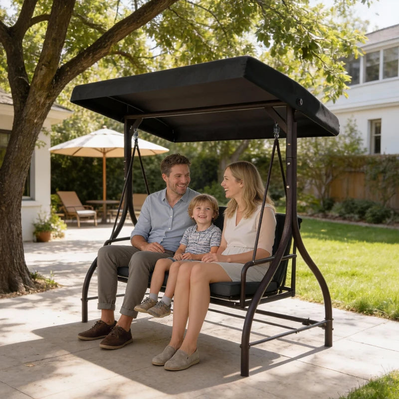 Convertible Patio Swing Bed with Canopy and Cushions, 3 Seater Porch Swing for Outdoor, Backyard, Garden, Black