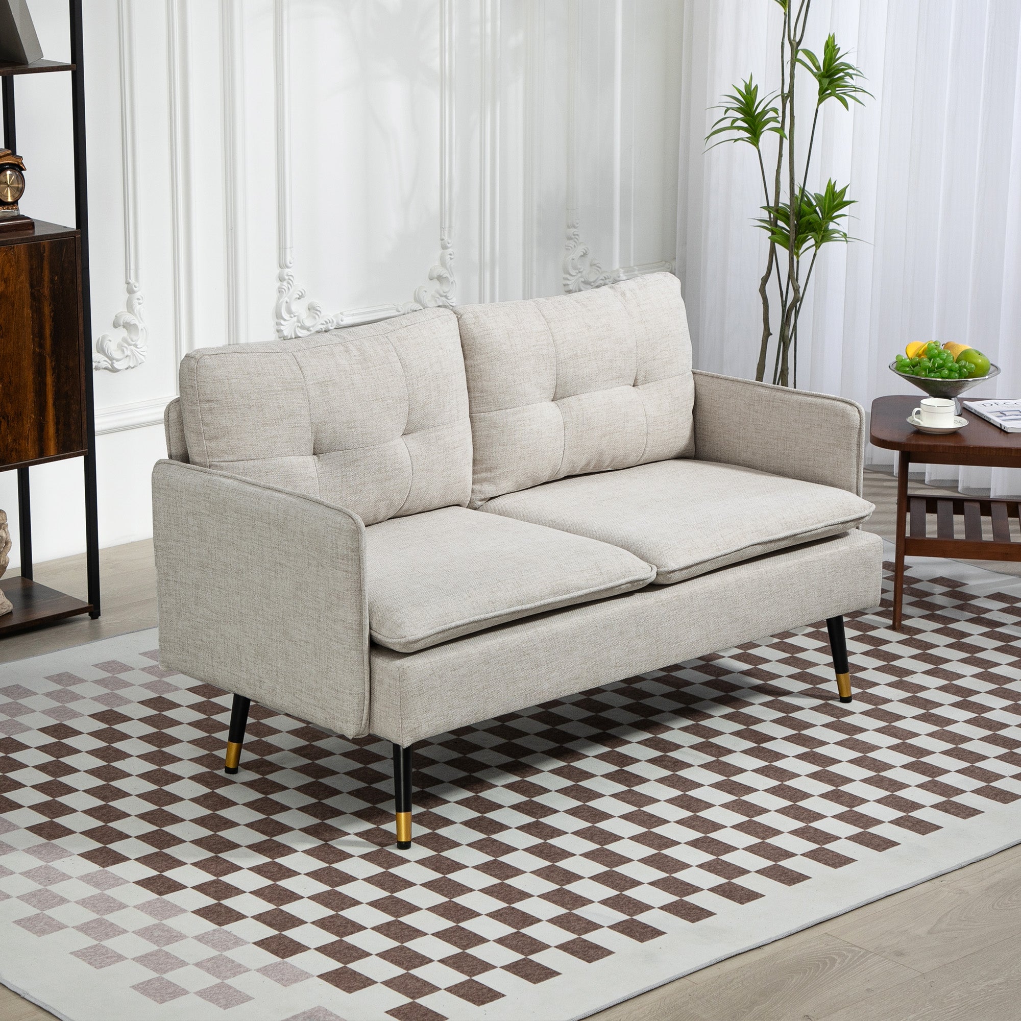 HOMCOM Loveseat Sofa 55" Cream White Button Tufted Fabric Steel Legs Bedroom Living Room 