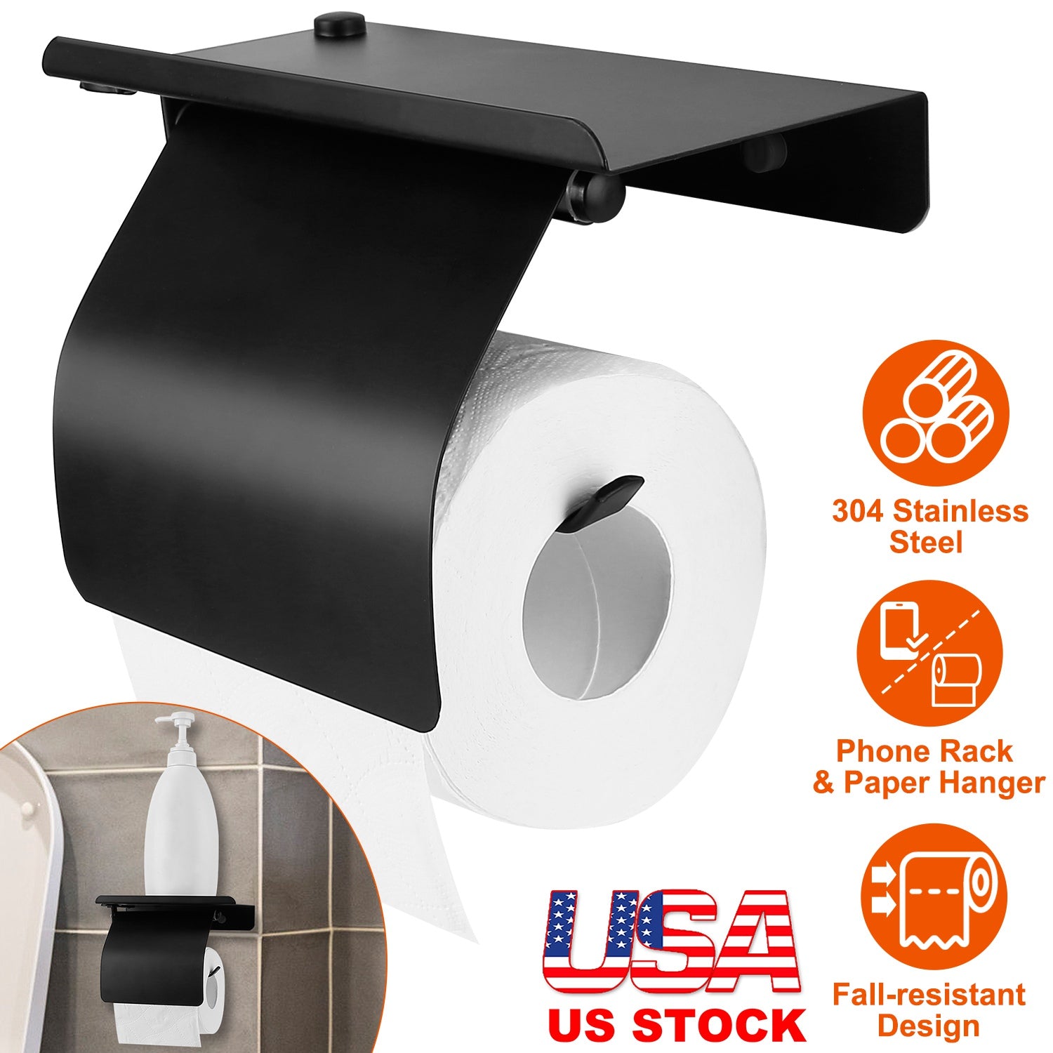 Wall Mounted Toilet Paper Holder with Phone Storage Rack Stainless Steel Toilet Roll Holder Tissue Holder