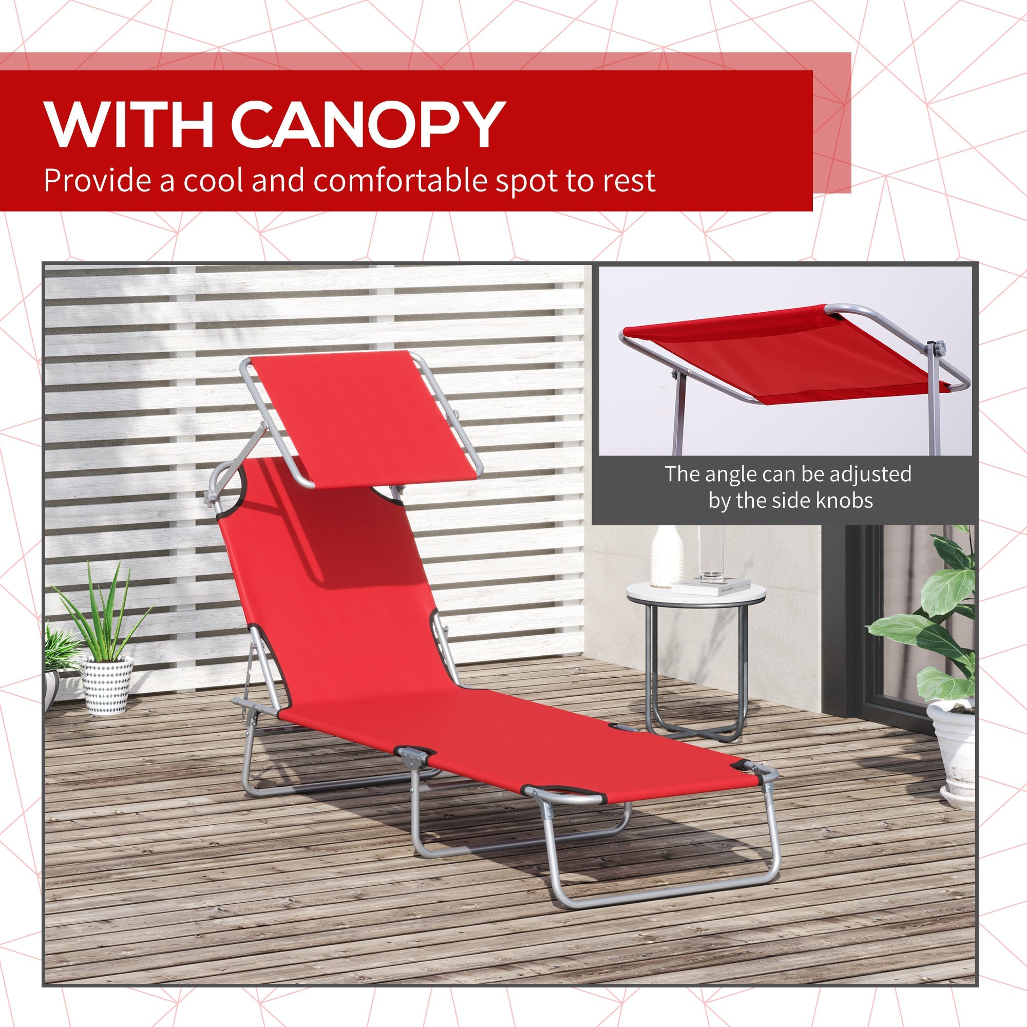 Outsunny Adjustable Garden Chaise Lounge Outdoor Camping Beach Lounging Bed Reclining Seat Portable with Sun Shade (Red) 