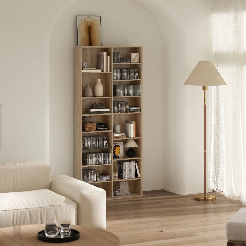 9-Tier DVD Shelf with 18 Compartments and 14 Adjustable Shelves, Holds 640 CDs, 360 DVDs or 430 Blu-rays, Natural Wood