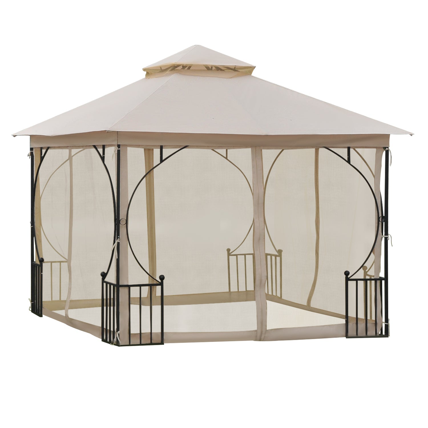 Outsunny 10'x10' Soft-top Steel Patio Gazebo Canopy for with Double-tier Top, Mosquito Netting, Beige 