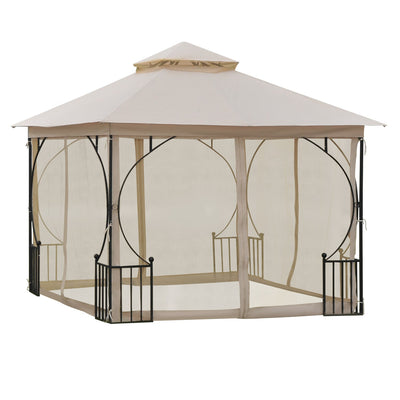 Outsunny 10'x10' Soft-top Steel Patio Gazebo Canopy for with Double-tier Top, Mosquito Netting, Beige 
