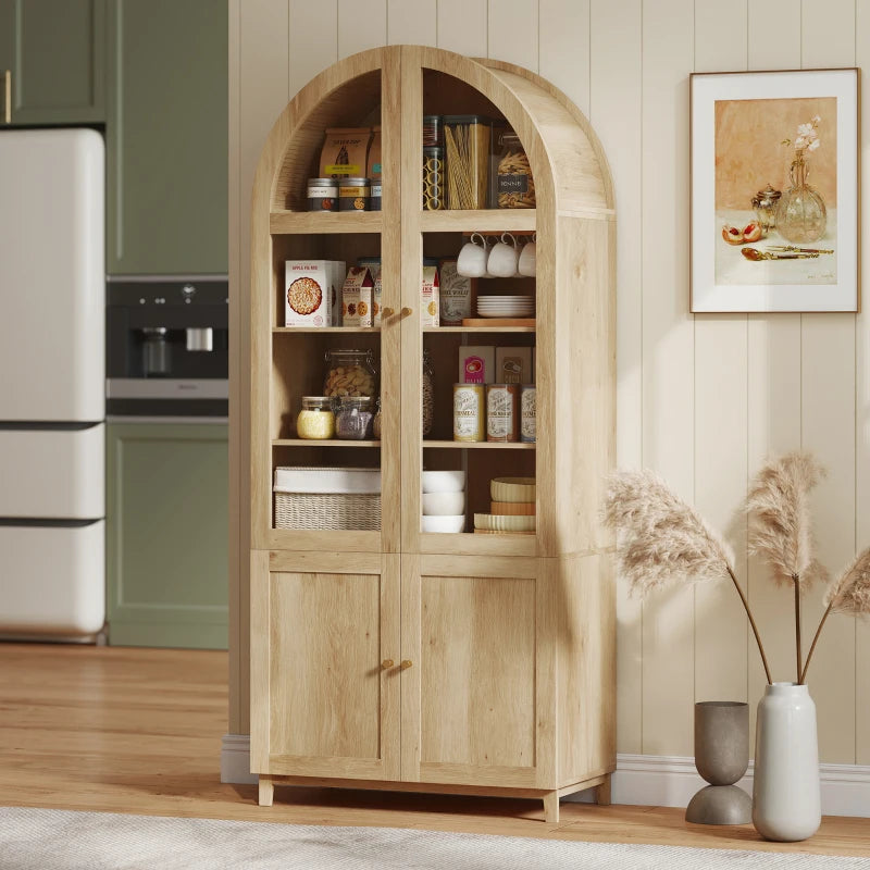 Arched Kitchen Pantry Cabinet, 71" Tall Farmhouse Kitchen Storage Cabinet with Acrylic Glass Doors, Oak