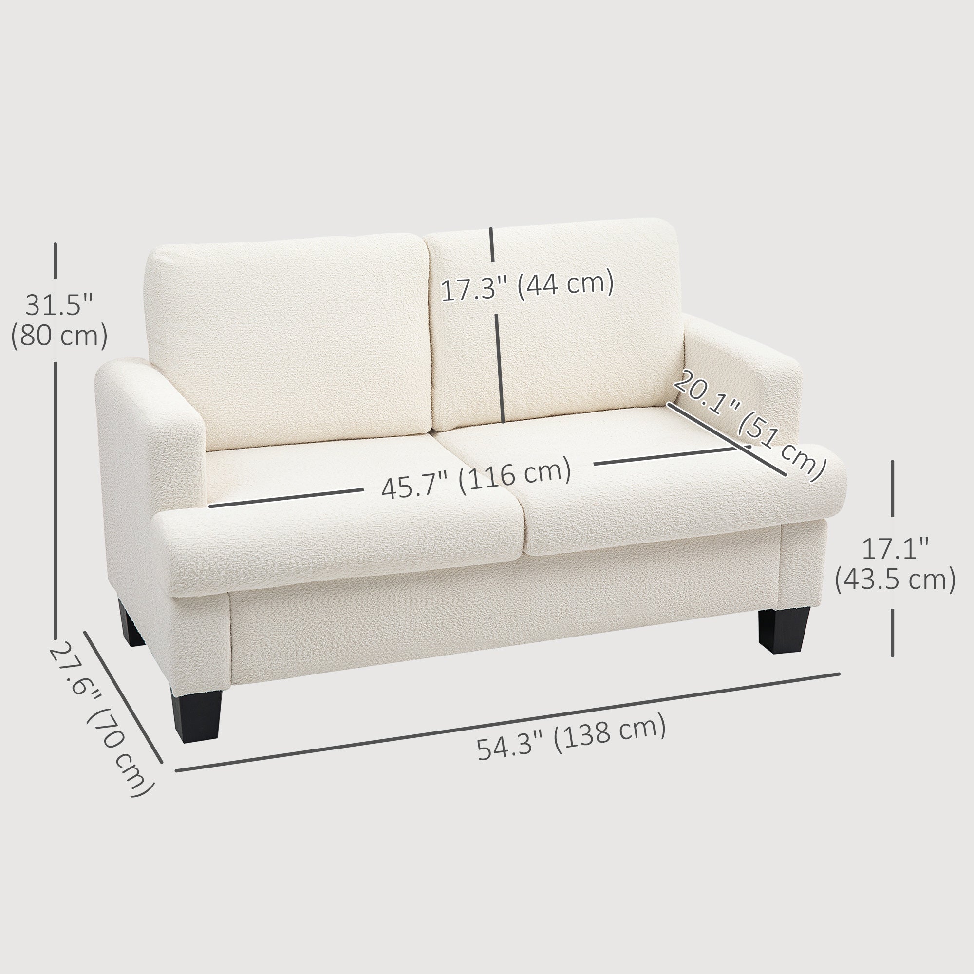 HOMCOM 54.3" Loveseat Sofa, 2 Seater Sofa with Removable Cushions, Small Couch with Wood Frame for Living Room, Cream White 