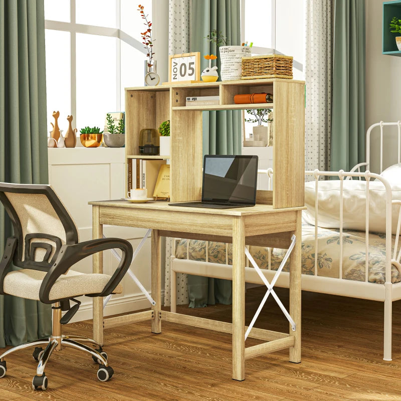 Computer Desk with Hutch, Home Office Table with Storage Shelves and Open Compartments for Writing, Work, Oak