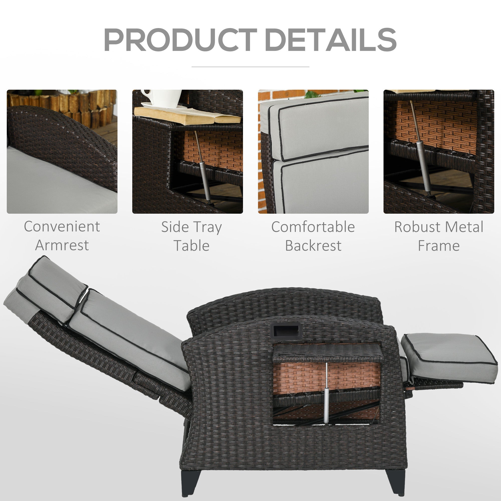 Outsunny Recliner Outdoor Chair Adjustable Backrest Side Tray Light Grey Patio Lounger Furniture 