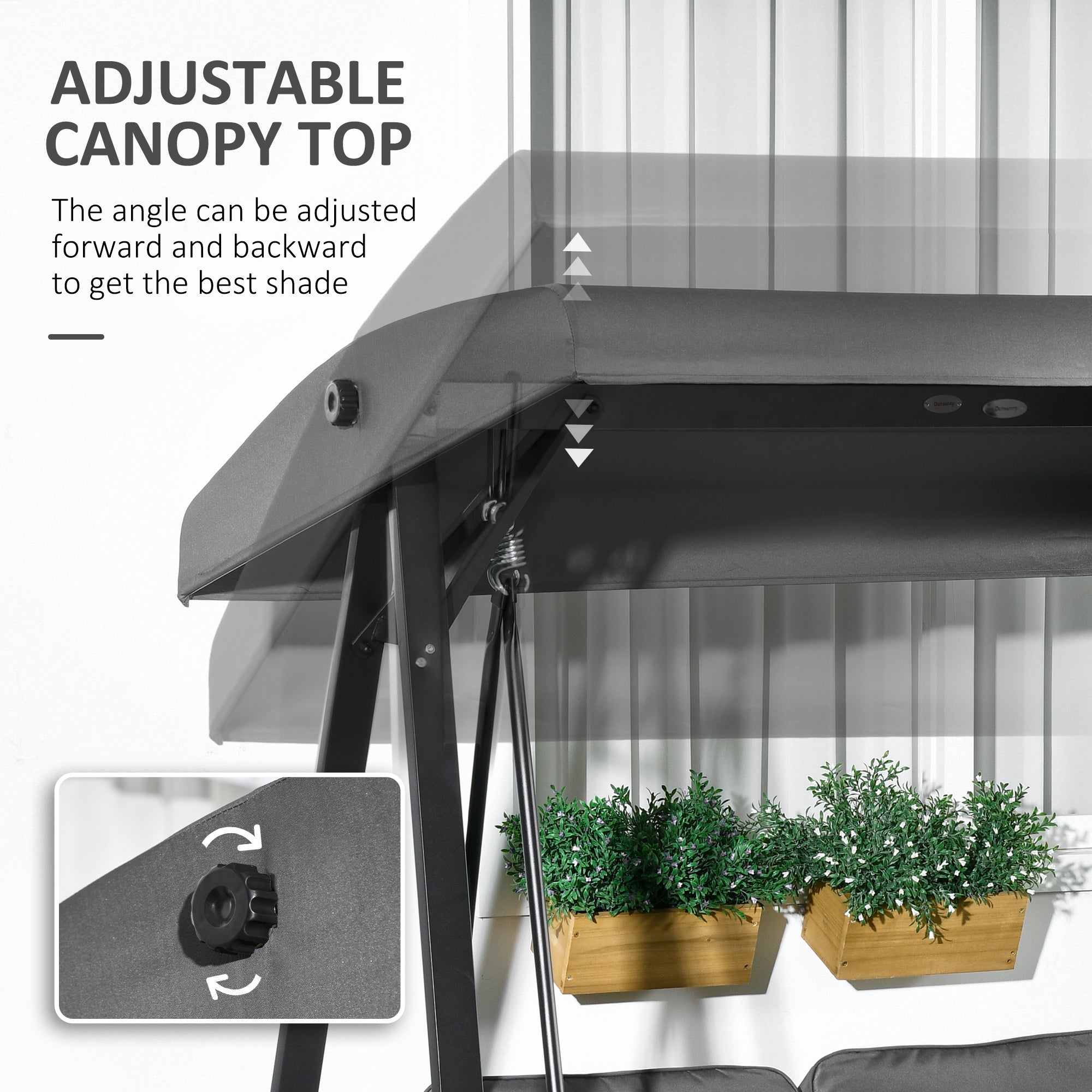 Outsunny 2-Seater Outdoor Porch Swing with Adjustable Canopy, Patio Swing Chair for Garden, Poolside, Backyard, Dark Grey 